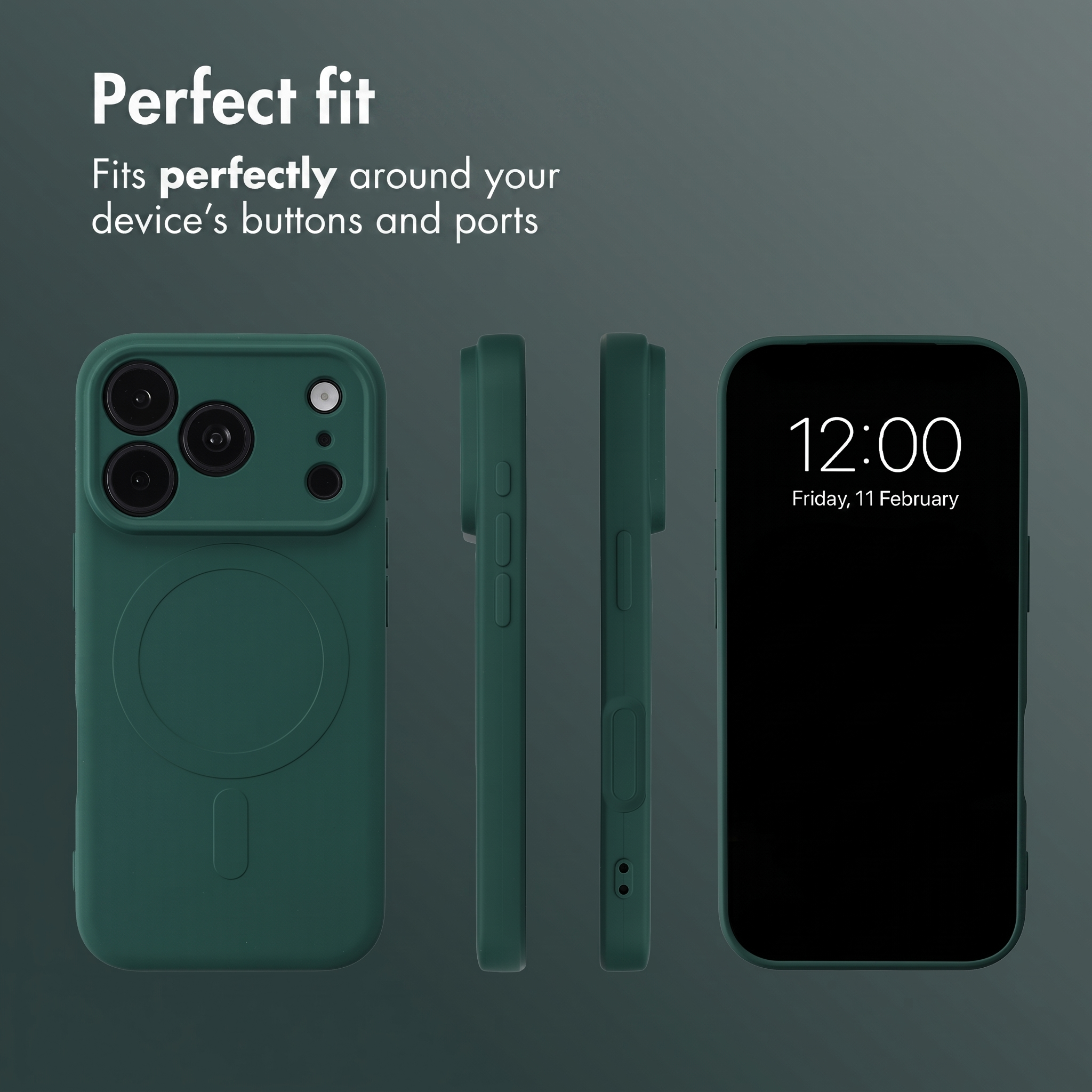Custodia per smartphone verde scuro da più angolazioni con testo 'Perfect fit'.