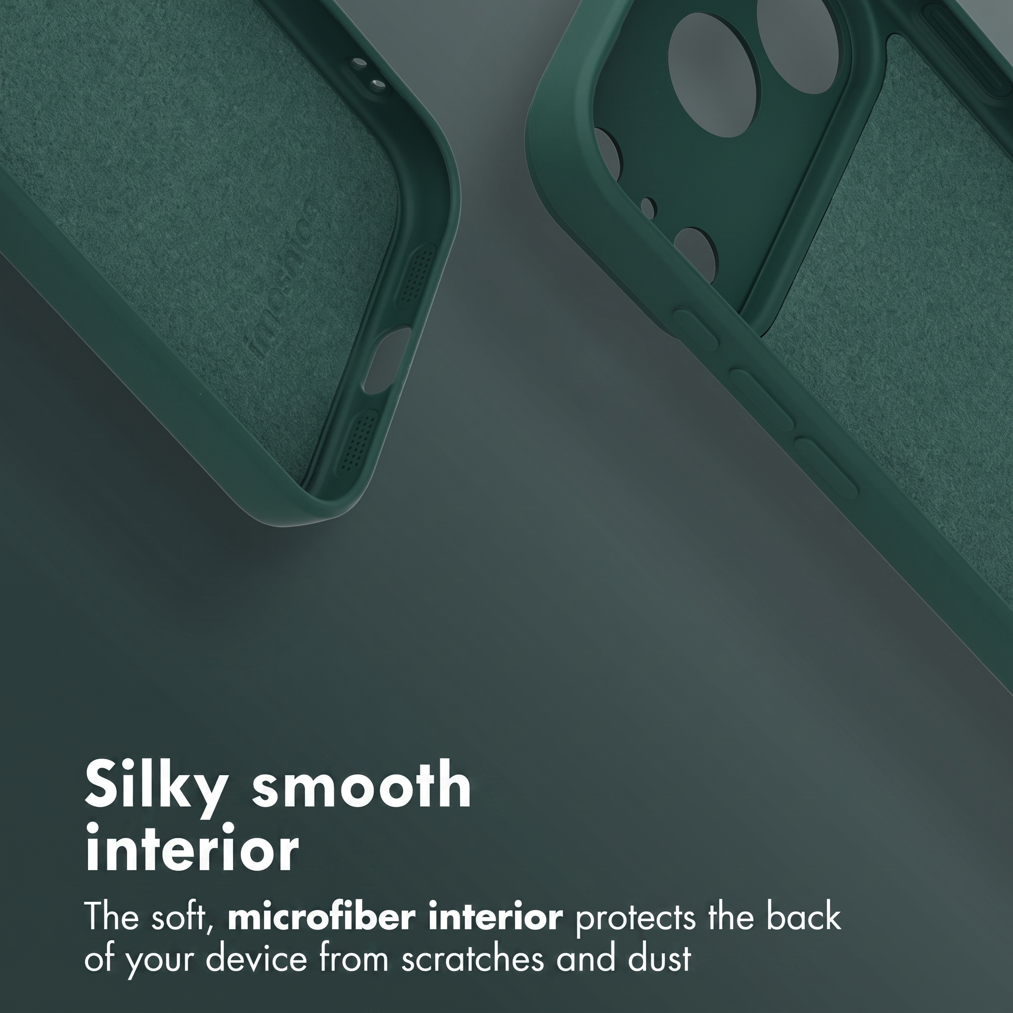 Custodia per telefono verde scuro con morbido interno in microfibra su sfondo scuro.