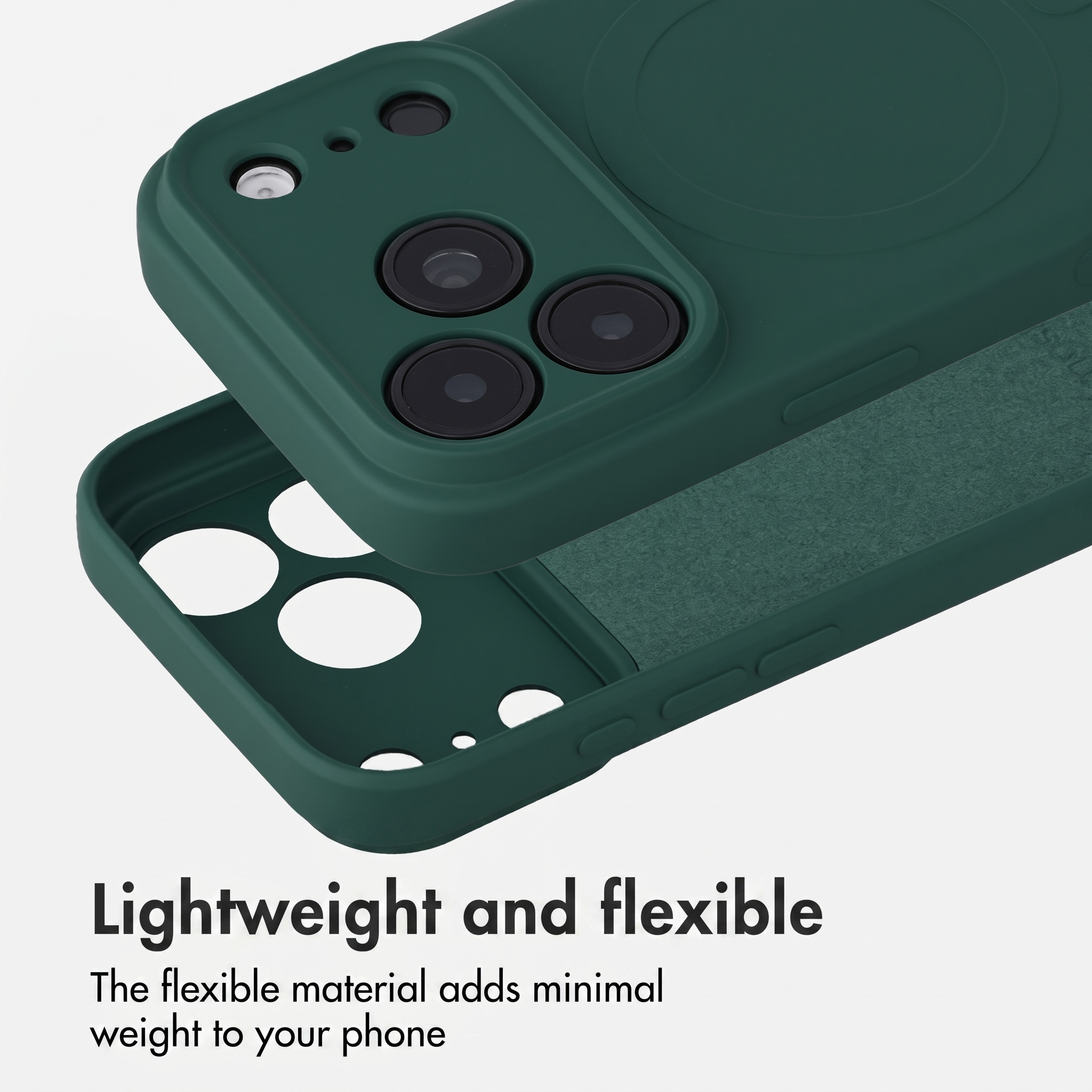Custodia per telefono flessibile verde scuro con aperture per fotocamera e morbida fodera.
