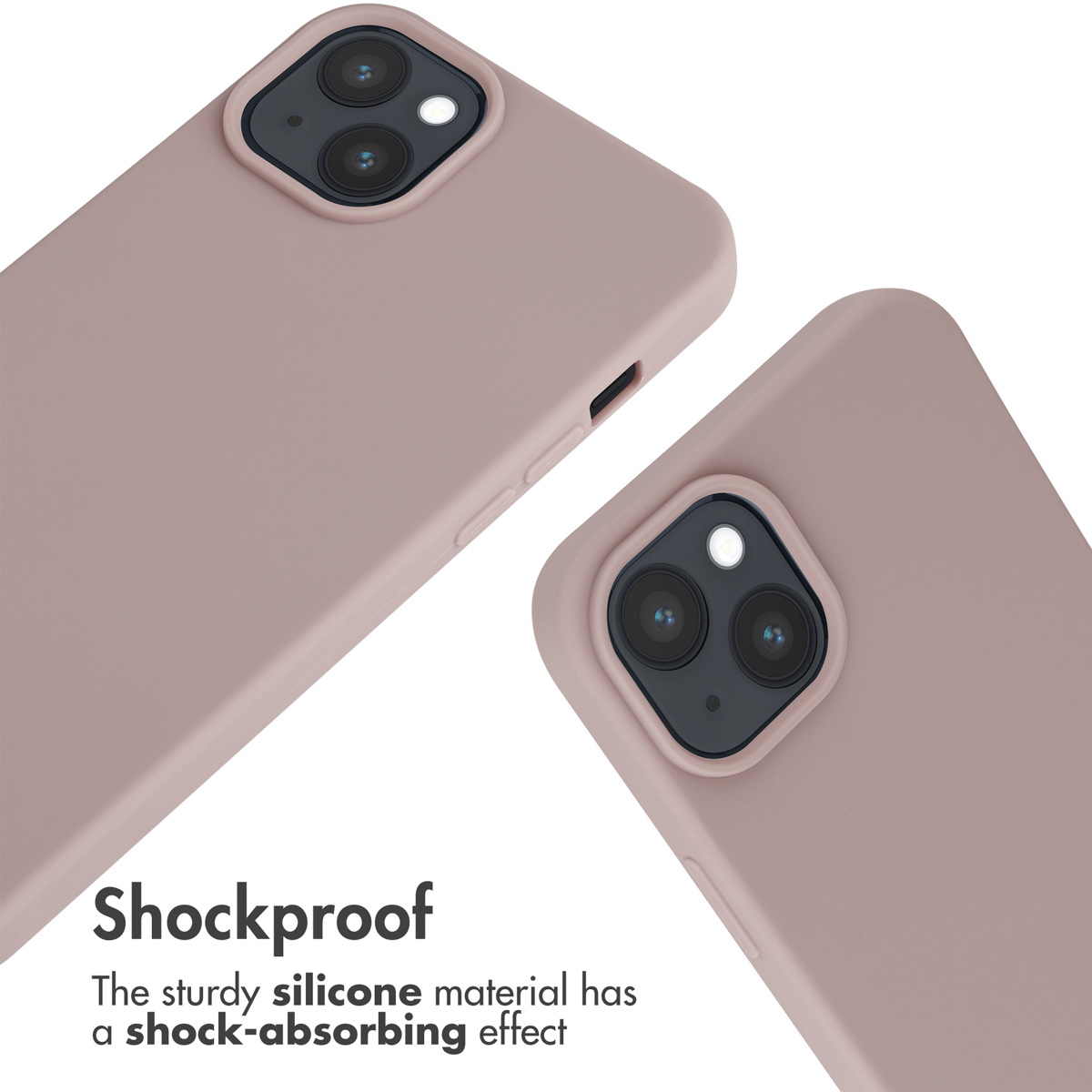 Zwei rosafarbene Silikon-Handyhüllen auf weißem Grund mit Text über stoßfestes Material.