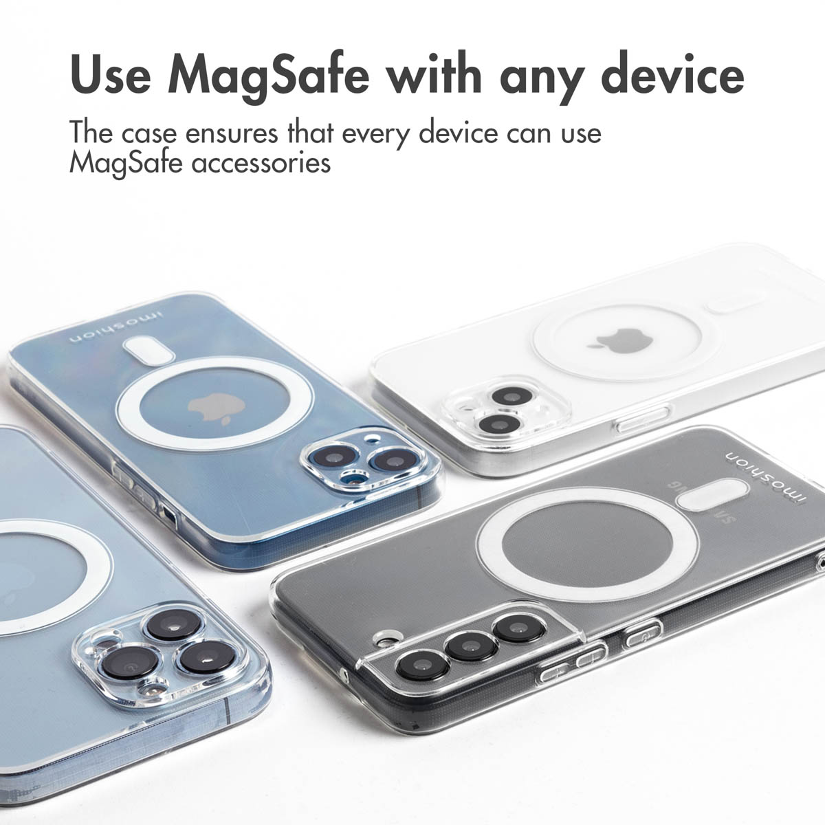 Varias fundas de teléfono transparentes con función MagSafe sobre un fondo blanco.