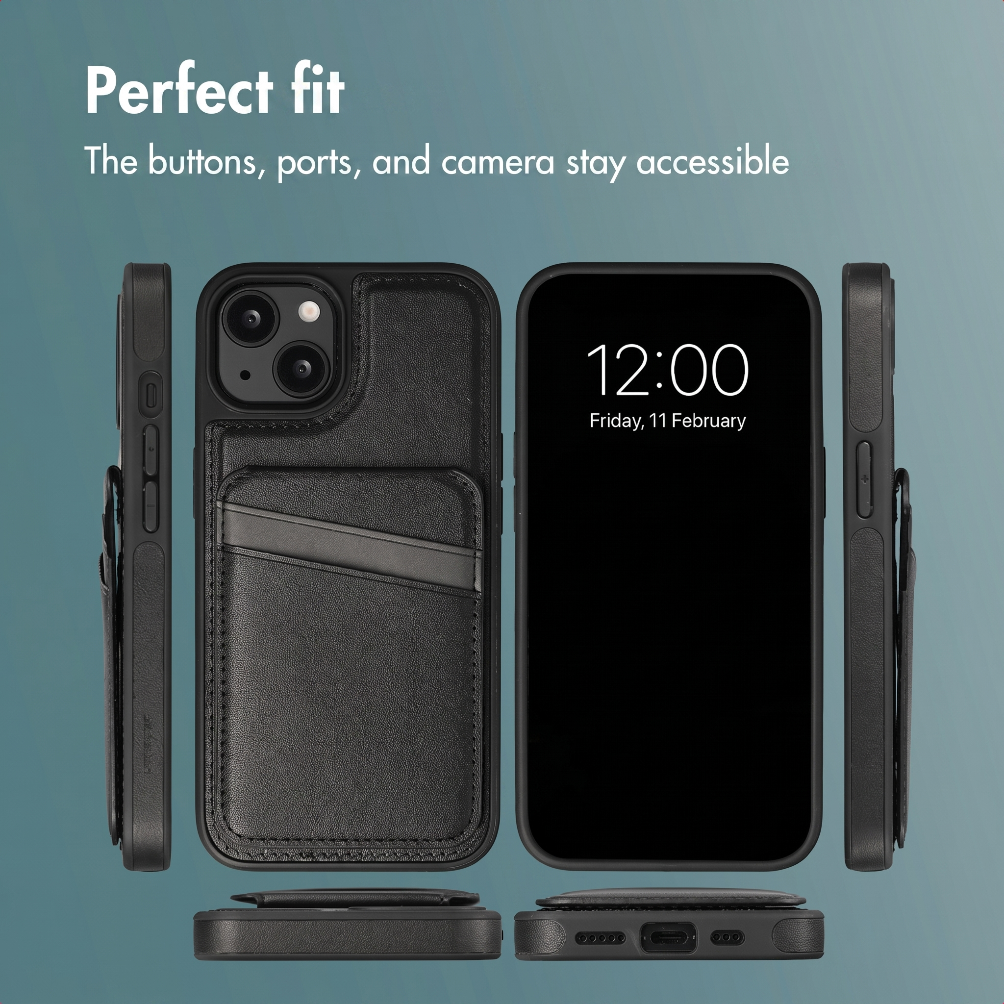 Een zwarte smartphone in een lederen hoesje, van voren, achteren en zijkanten getoond tegen blauwgroene achtergrond.