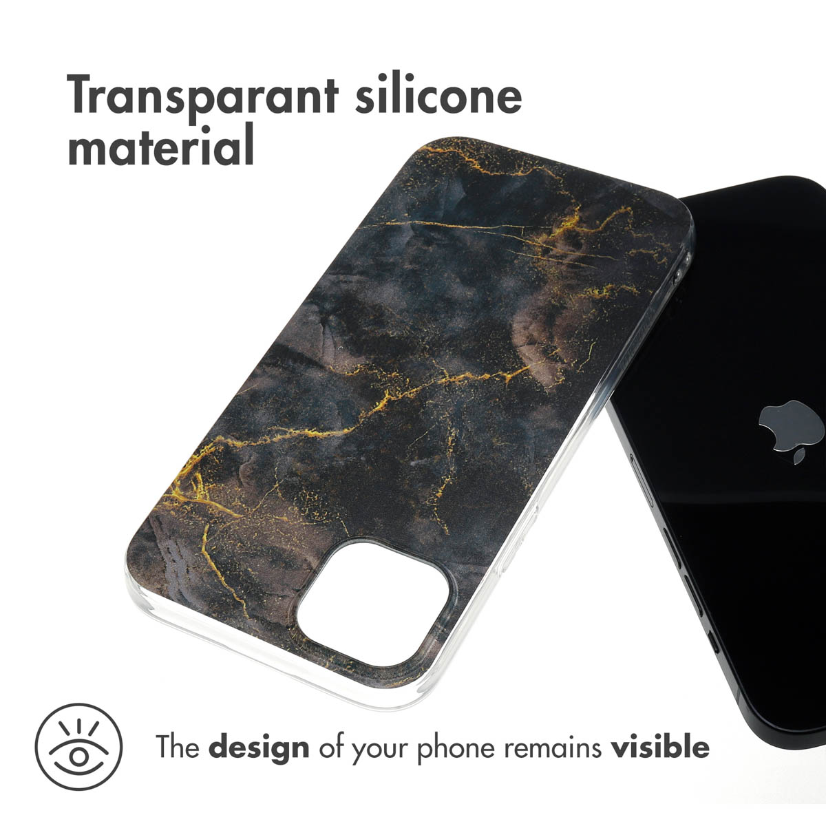Une coque de téléphone en silicone transparent avec un motif marbre sombre et veines dorées à côté d'un smartphone noir.
