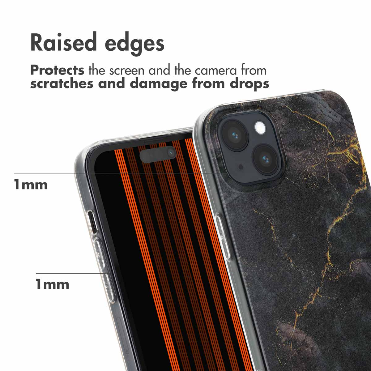 Gros plan d'un smartphone avec coque en marbre noir et or, soulignant des bords surélevés de 1 mm.