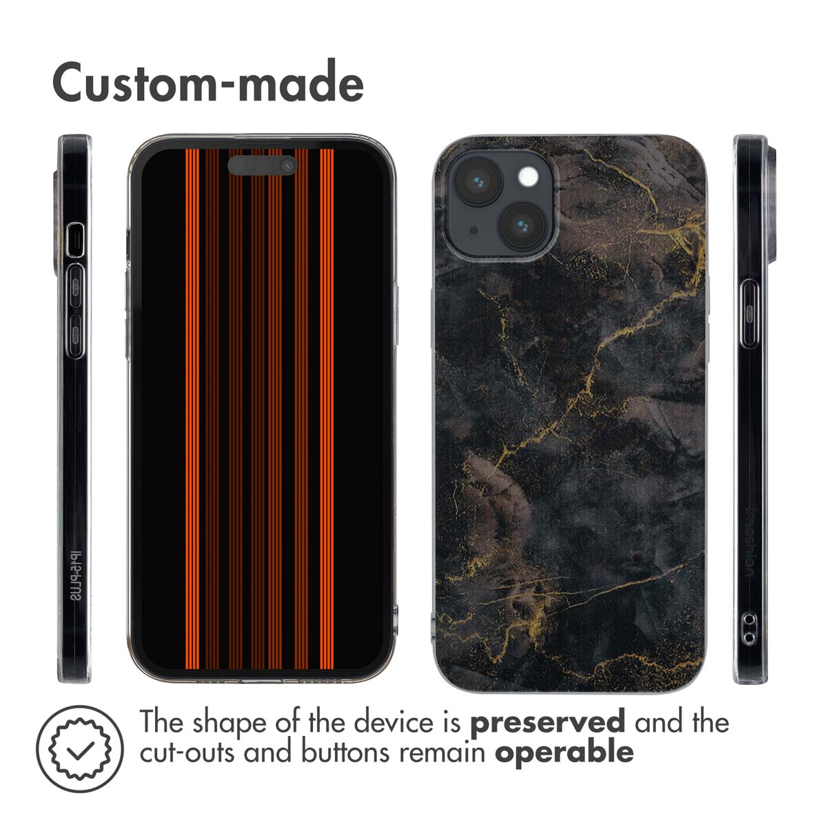 Vues multiples d'une coque de téléphone personnalisée avec texture marbre et rayures oranges.