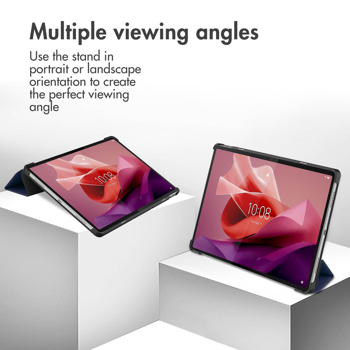 Two tablets in blue cases on white stands showing multiple viewing angles.