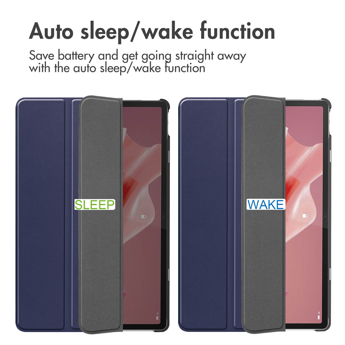 Tablet case demonstrating auto sleep and wake function when opening and closing.