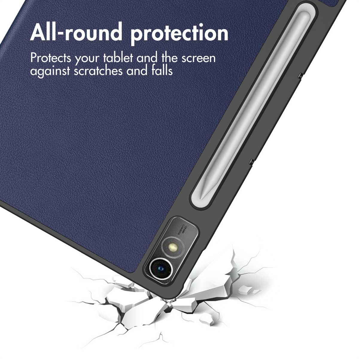 Blue tablet case with stylus holder and camera cutout, with protective feature text above.