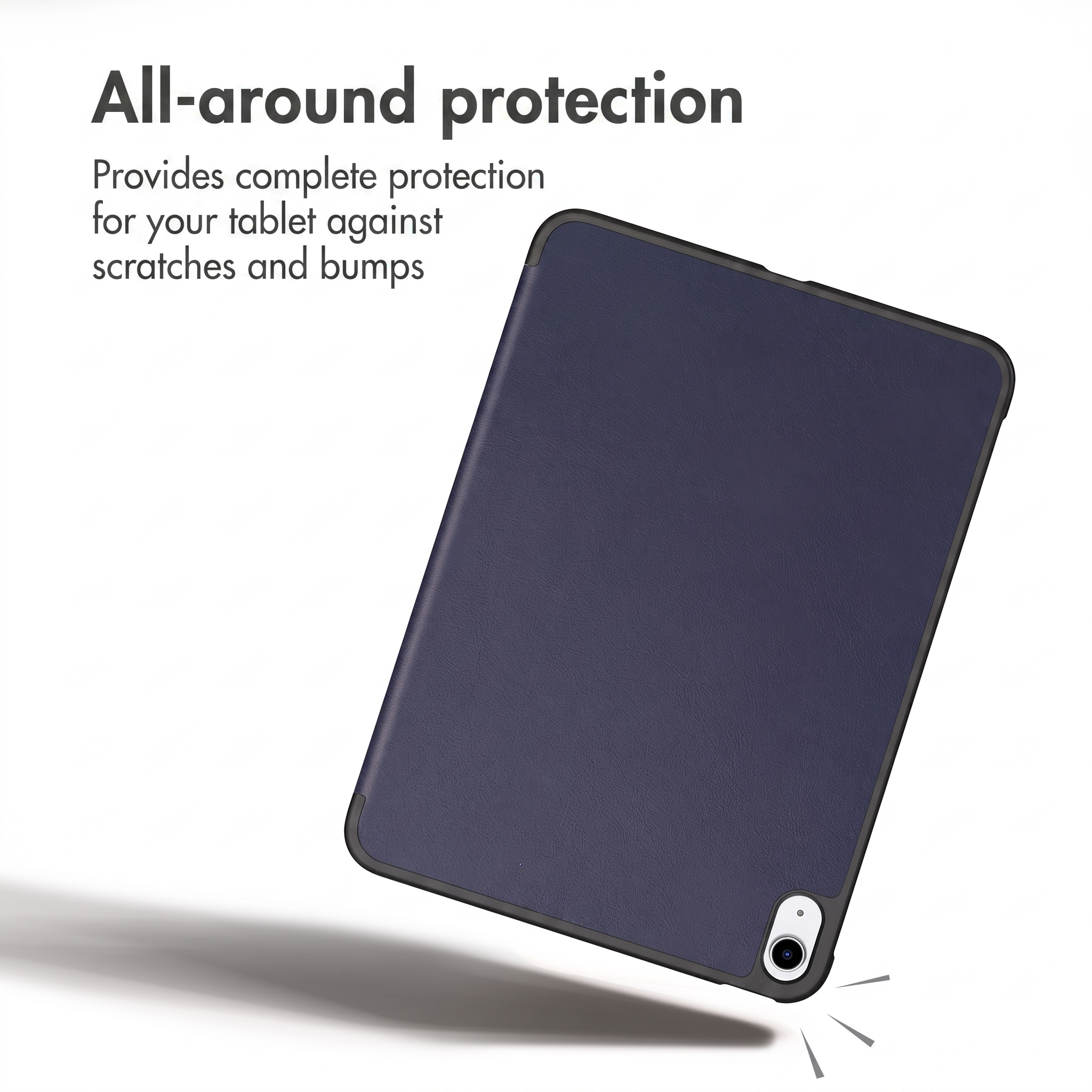 Custodia per tablet blu scuro con ritaglio per fotocamera, testo in alto a sinistra.