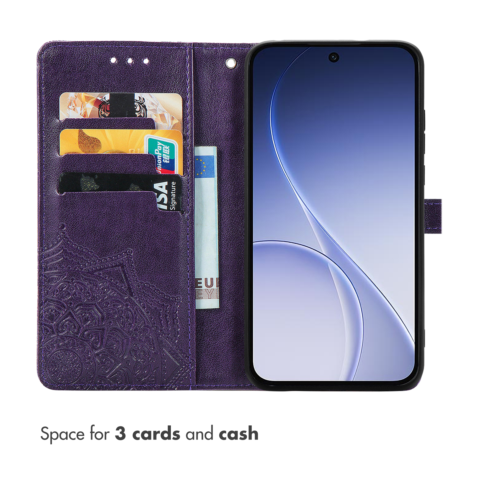 Custodia a portafoglio viola con goffratura mandala, tre tasche per carte e contanti.