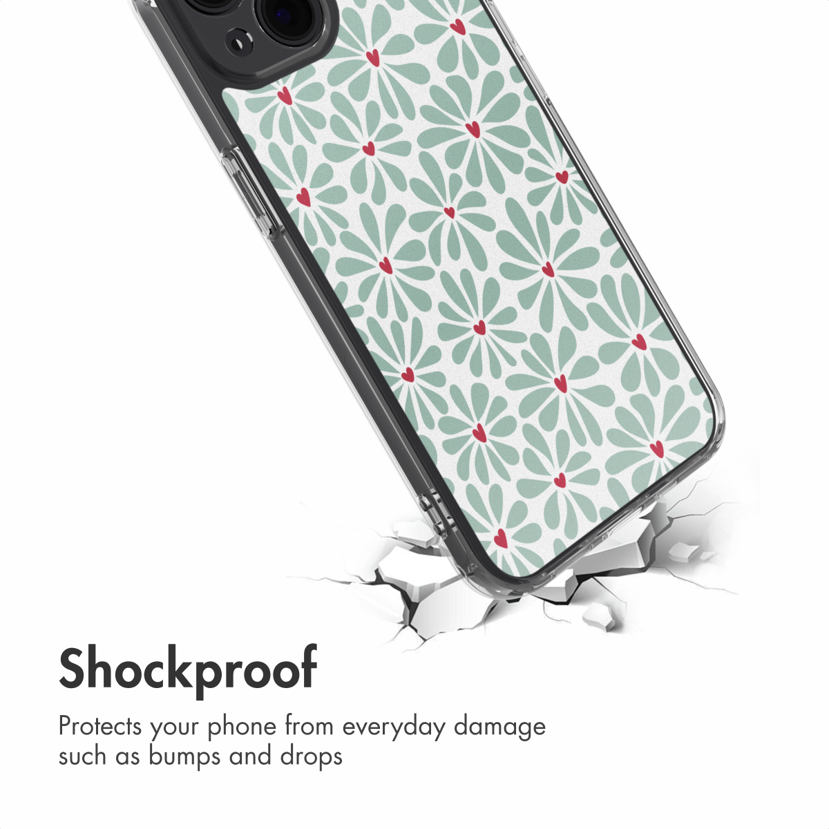Funda de móvil a prueba de golpes con patrón de flores verdes sobre fondo blanco.