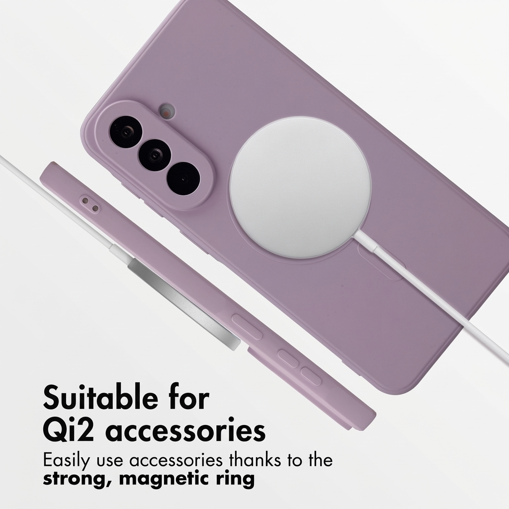 Uno smartphone viola in custodia protettiva con anello magnetico di ricarica sul retro e testo.