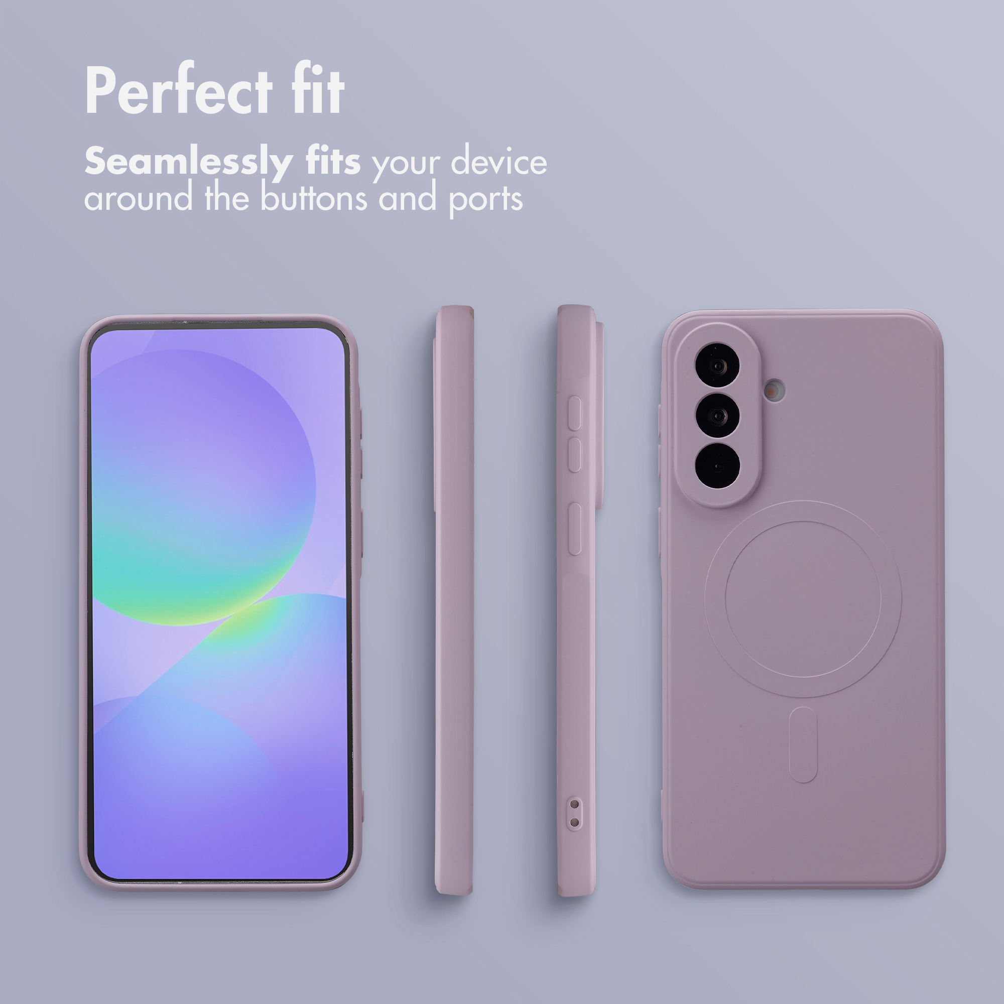 Quattro viste di una cover per telefono viola su sfondo grigio con testo.
