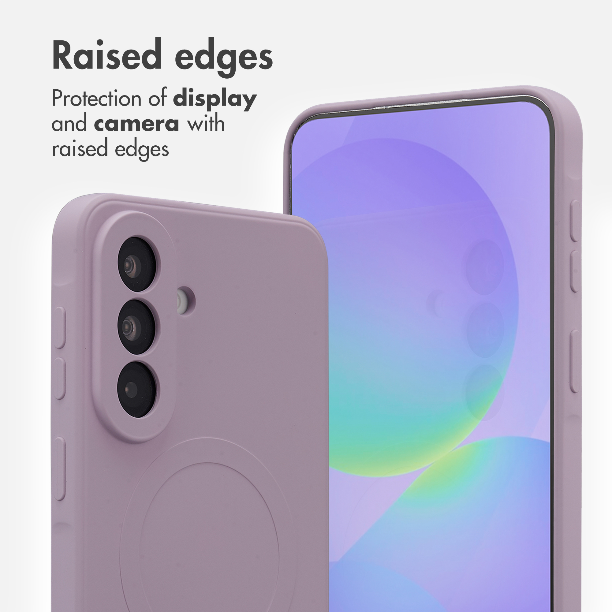 Custodia per smartphone viola con bordi rialzati per proteggere display e fotocamera.