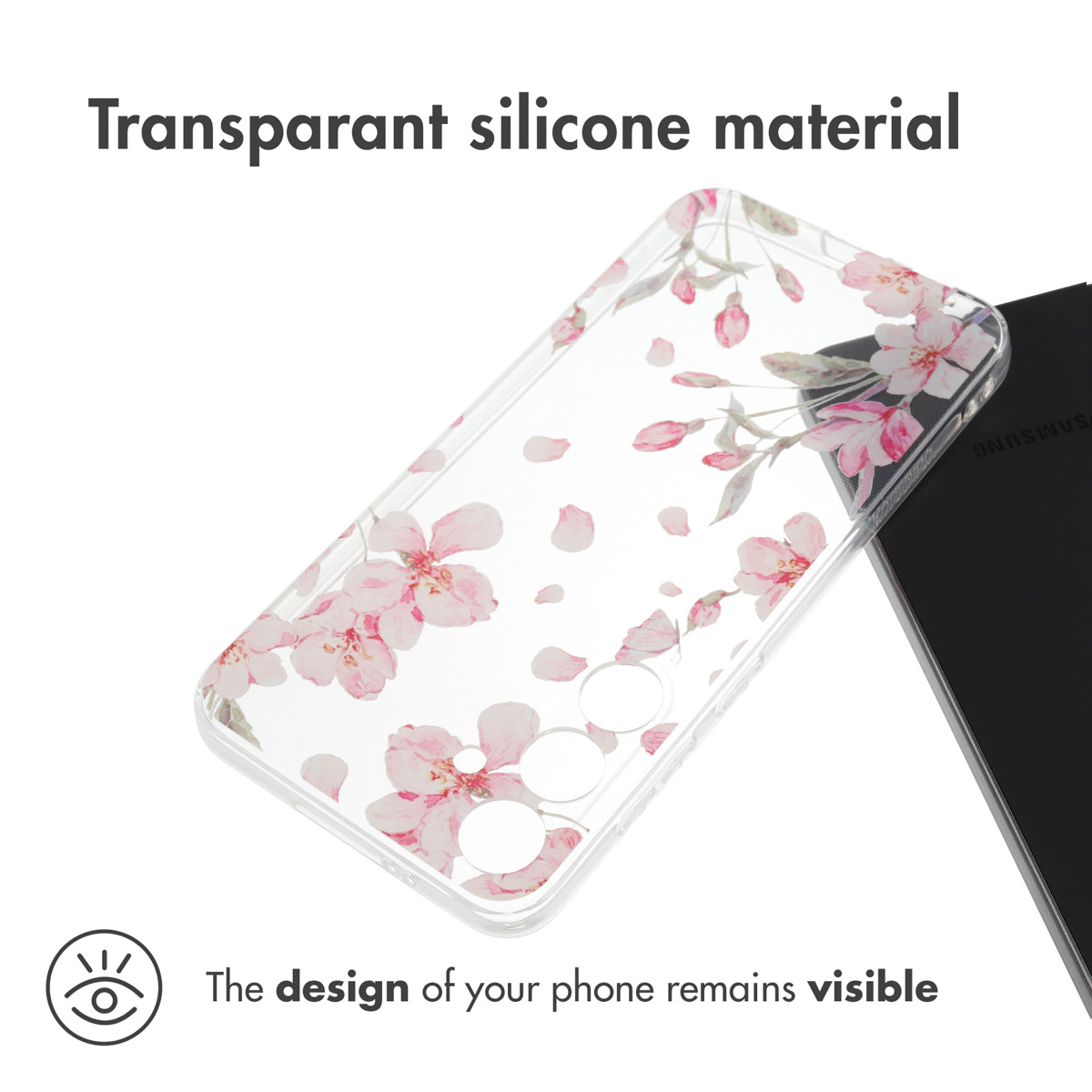 Funda de silicona transparente con diseño de flores de cerezo rosas en un smartphone negro.