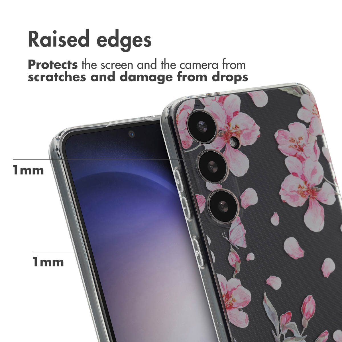 Smartphone con funda floral que muestra bordes elevados de 1 mm para protección.