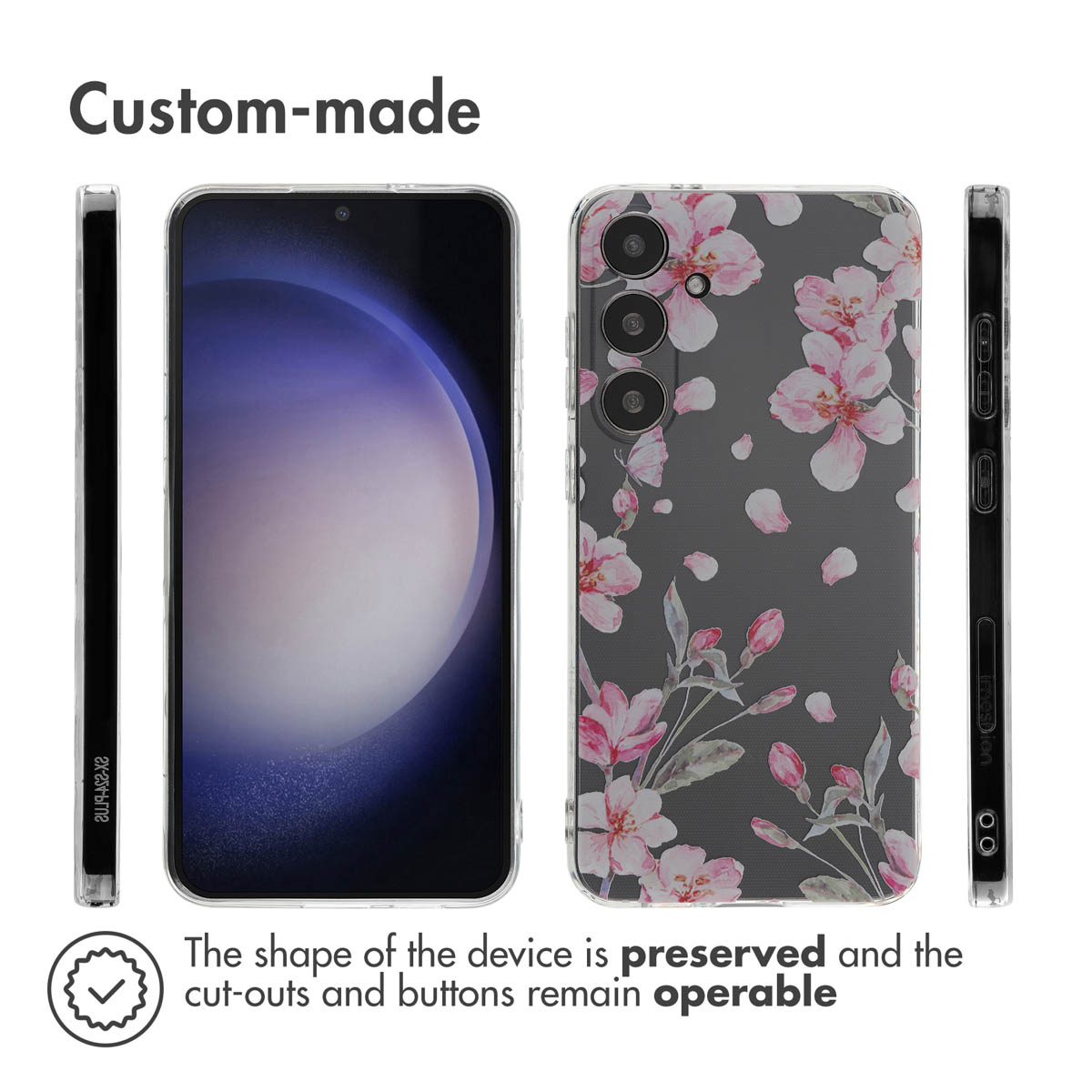 Funda para teléfono con delicadas flores de cerezo rosa sobre fondo negro, vista desde varios ángulos.