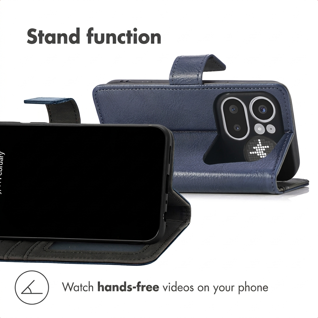 Donkerblauwe leren smartphone hoesje met standfunctie om handfree video's te kijken.