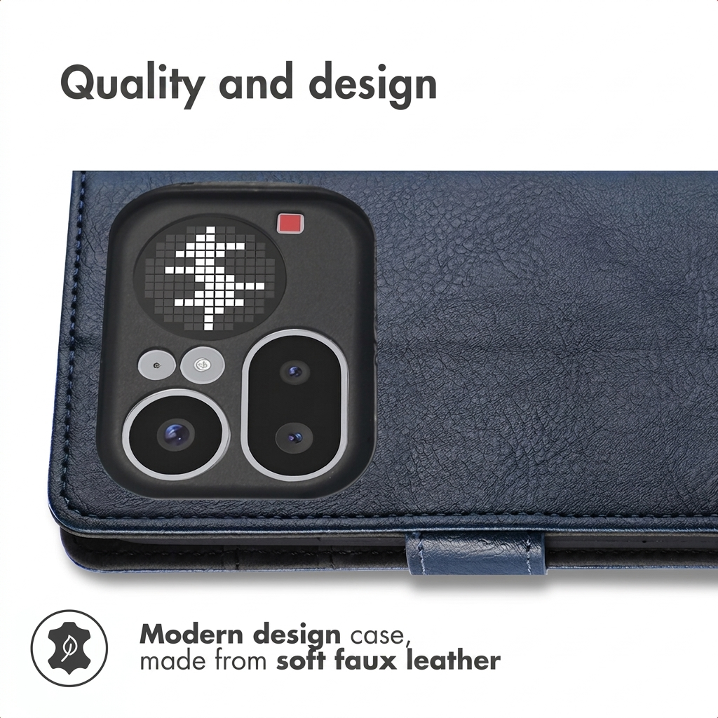 Blauwe kunstlederen telefoonhoes met camera-uitsparing en pixeldisplay.