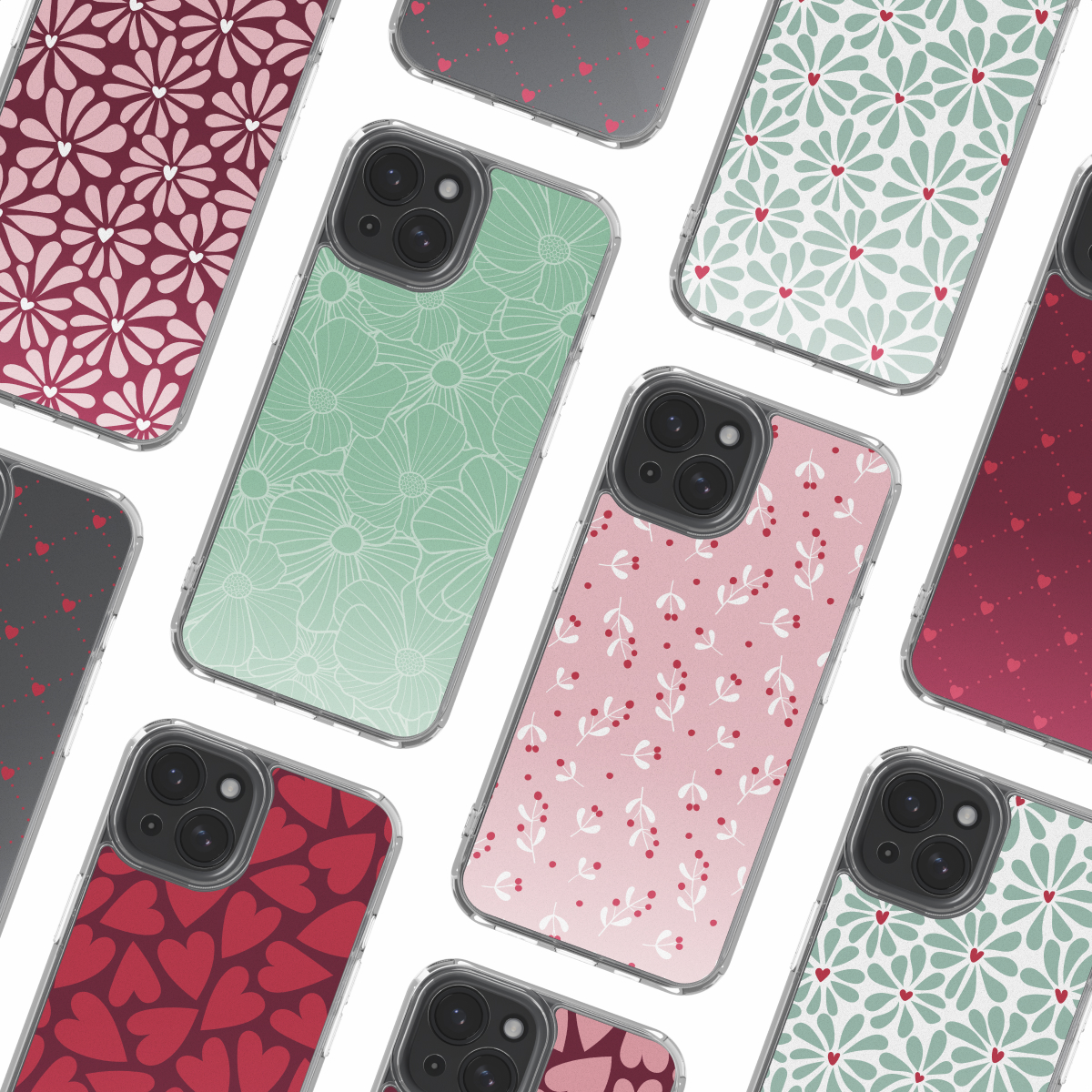 Meerdere smartphones met kleurrijke patronen van bloemen en harten op een witte achtergrond.