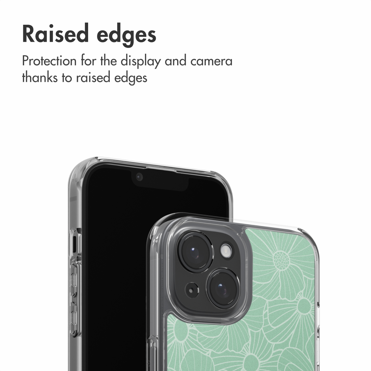 Telefoonhoesje met opstaande randen ter bescherming van scherm en camera.