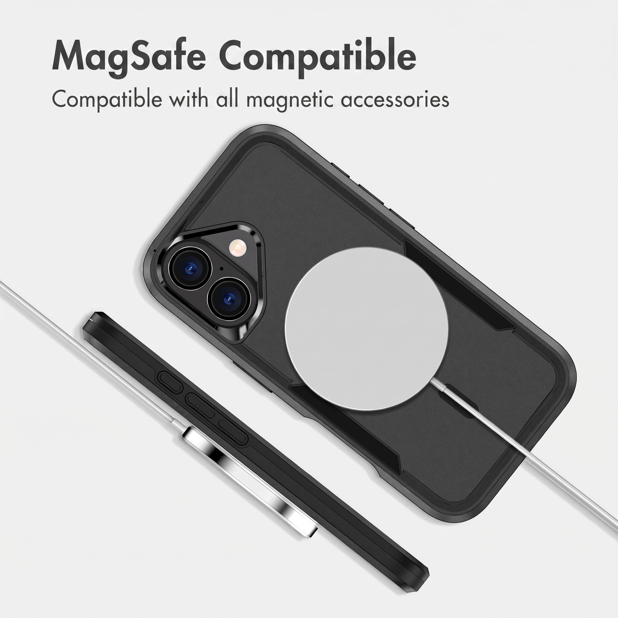 Funda de móvil negra sobre fondo blanco con cargador MagSafe redondo y texto arriba.