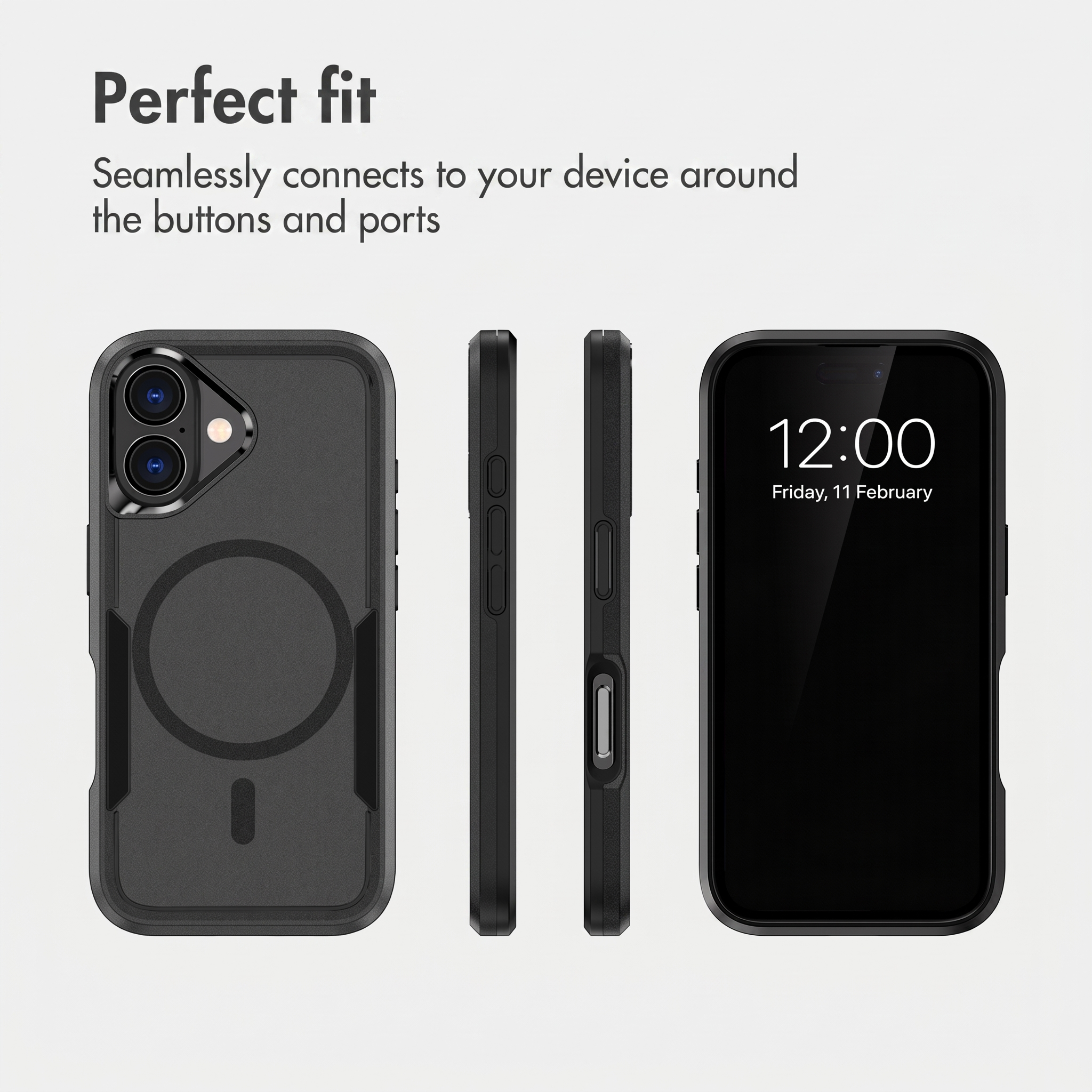 Fundas negras para smartphone mostradas desde atrás, lados y frente sobre fondo blanco con texto.
