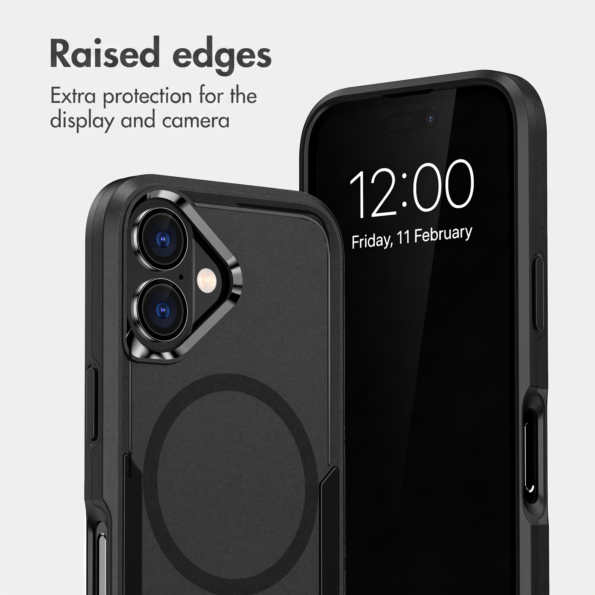 Dos teléfonos negros con fundas protectoras sobre fondo blanco, destacando bordes elevados y protección de cámara.
