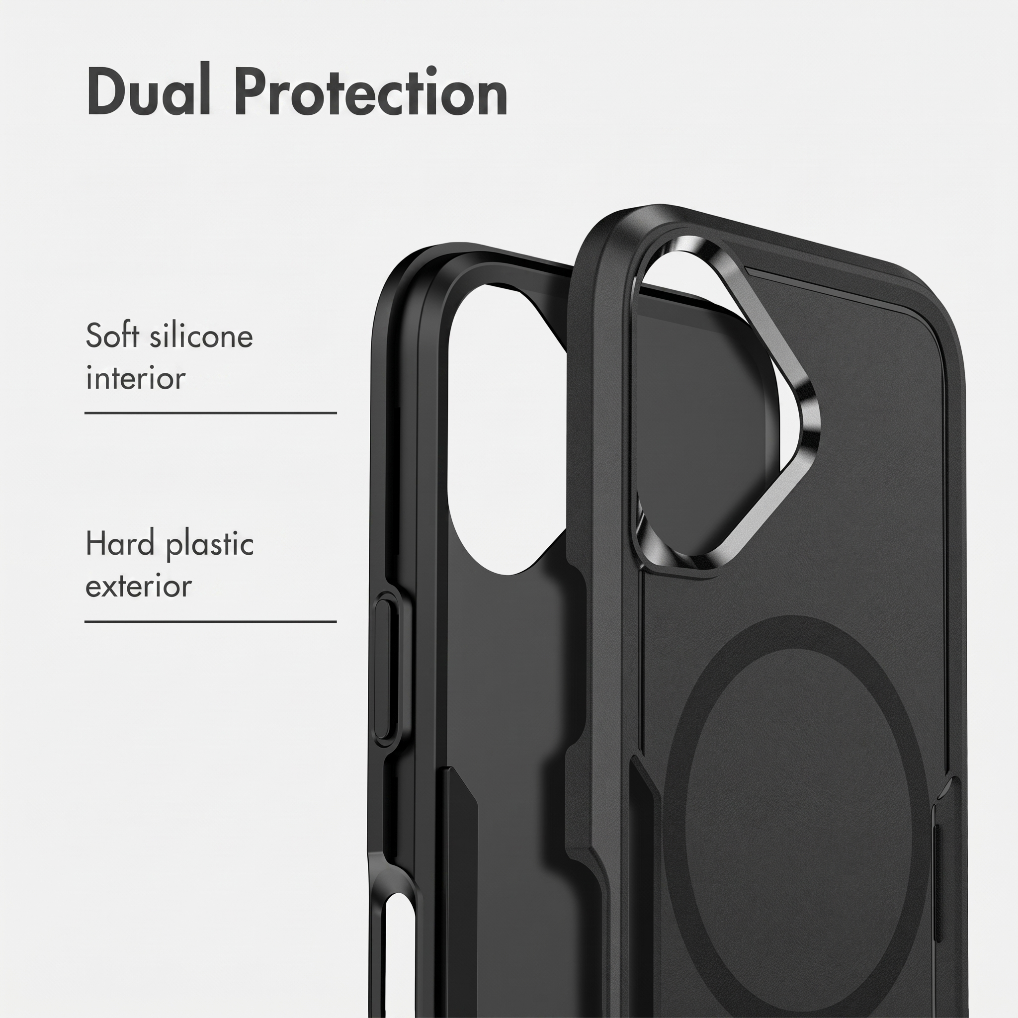 Funda de teléfono negra con interior de silicona suave y exterior de plástico duro.