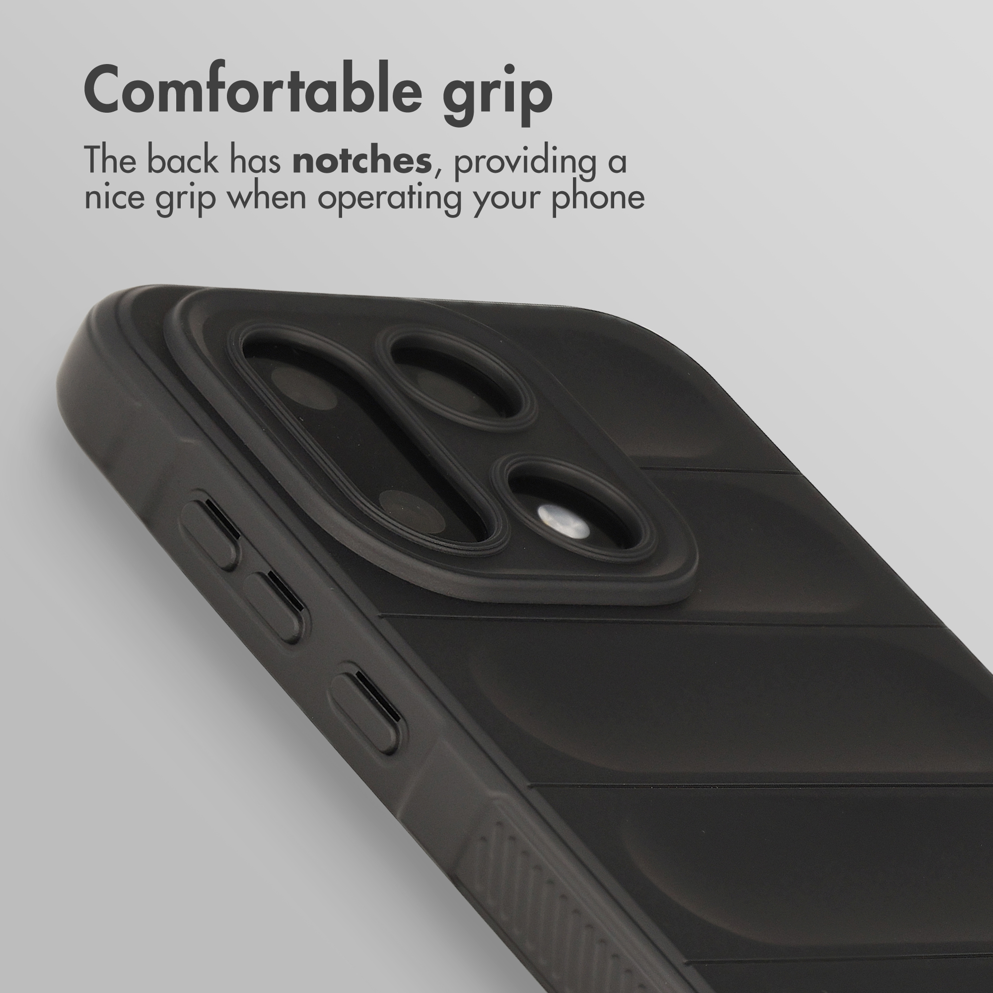 Custodia per smartphone nera con ritaglio fotocamera e pulsanti.