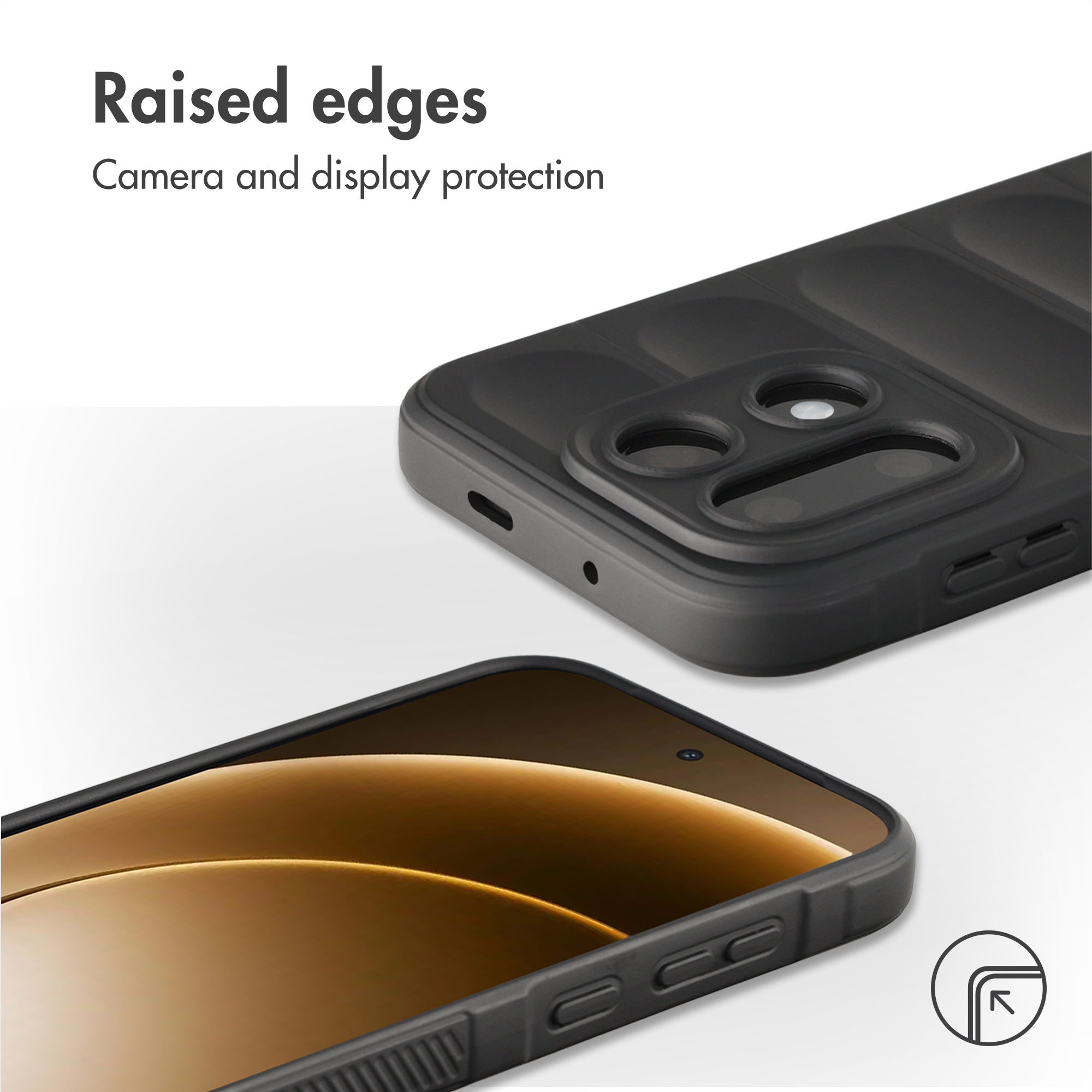I bordi rialzati proteggono fotocamera e display di uno smartphone nero.