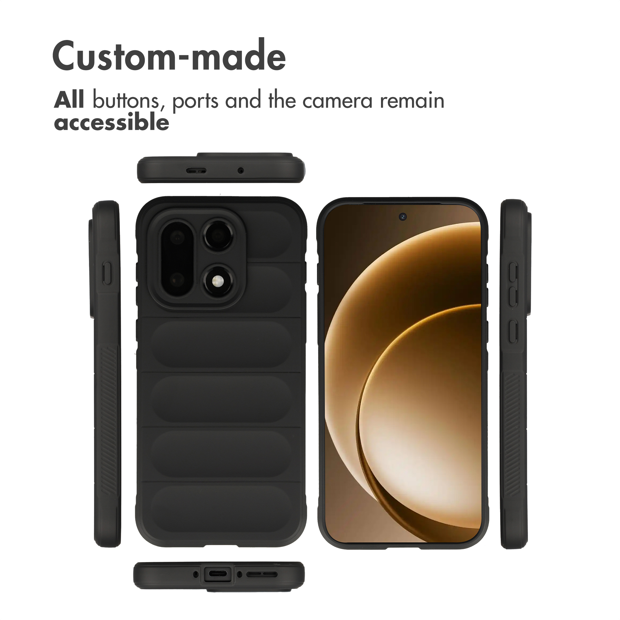 Custodia protettiva nera con design imbottito per smartphone, che mostra tutti i lati e i tasti.
