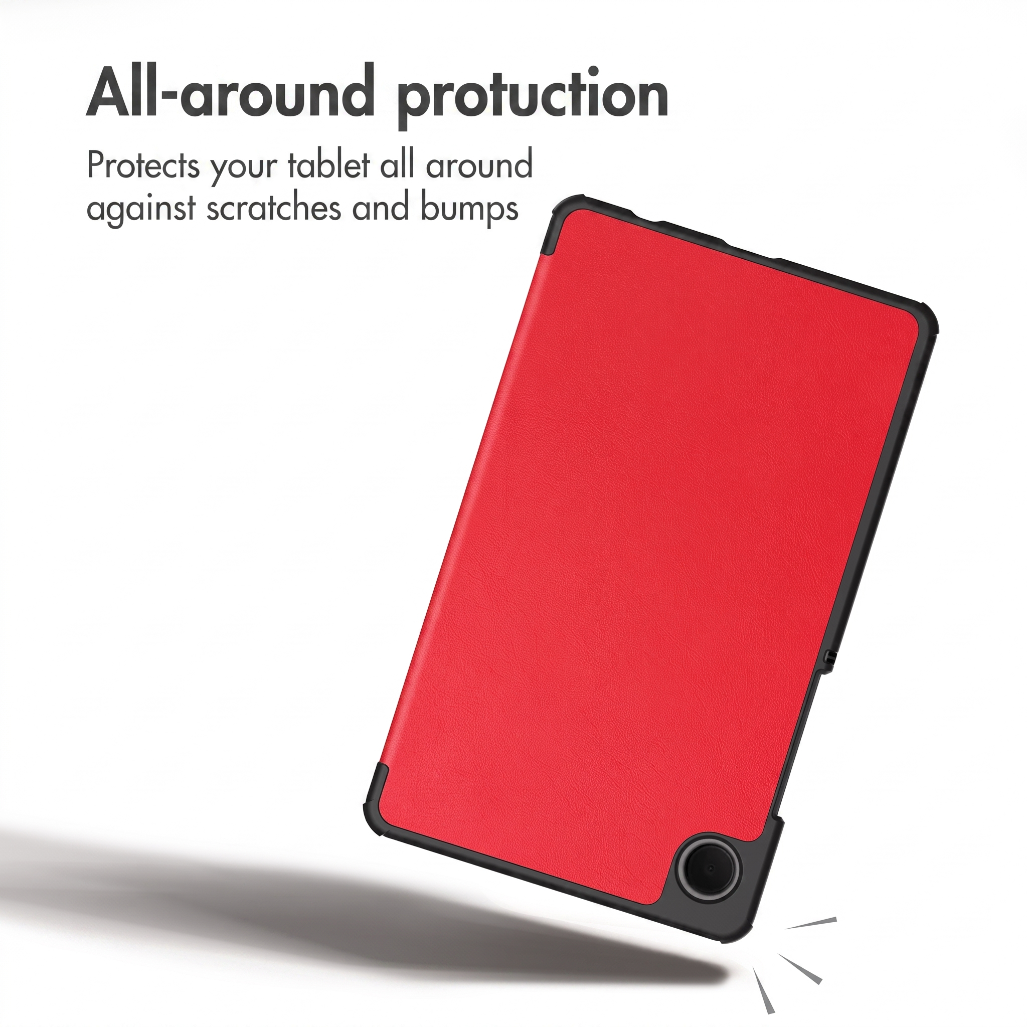 A red tablet in a black protective case against a white background.