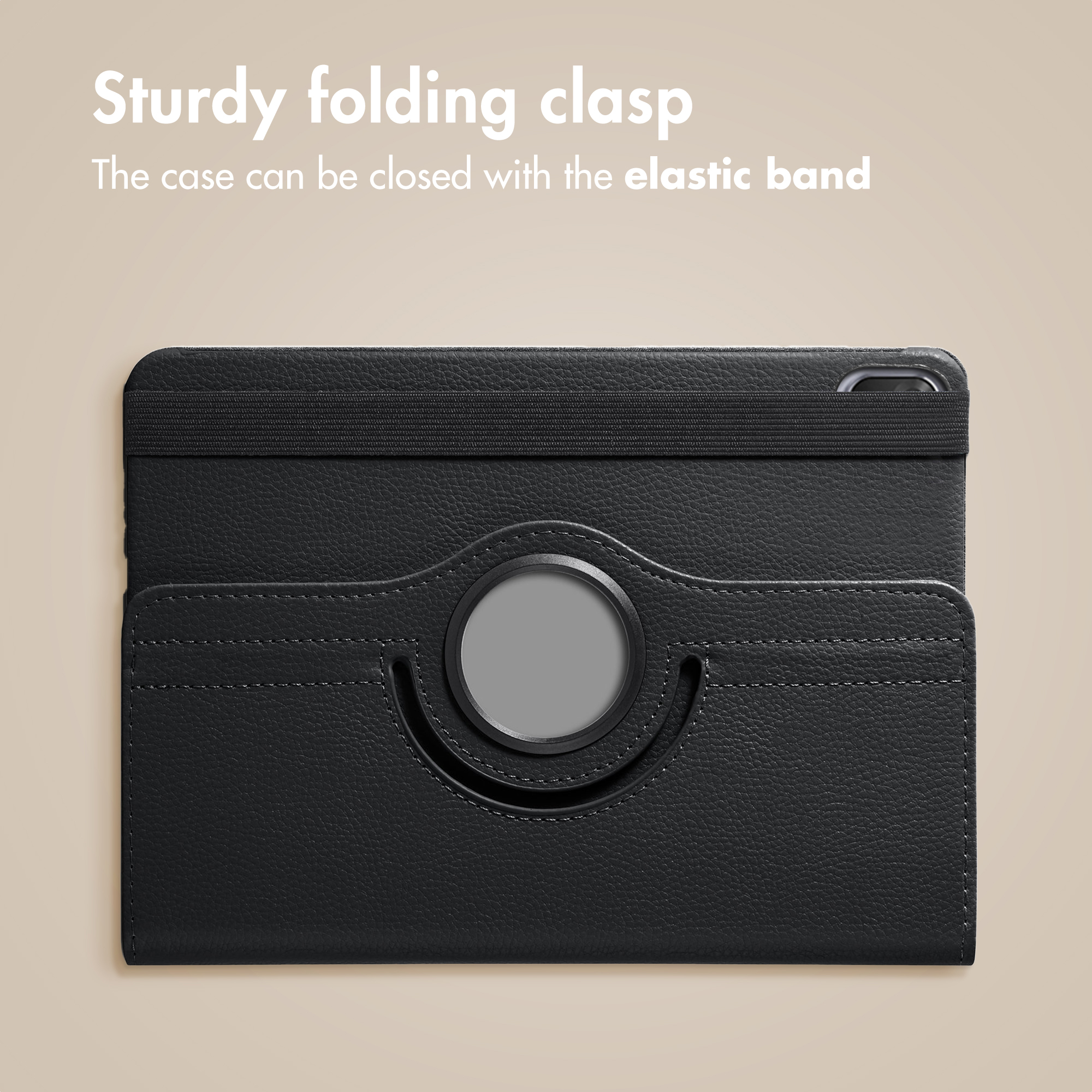 Custodia nera per tablet con elastico e chiusura.