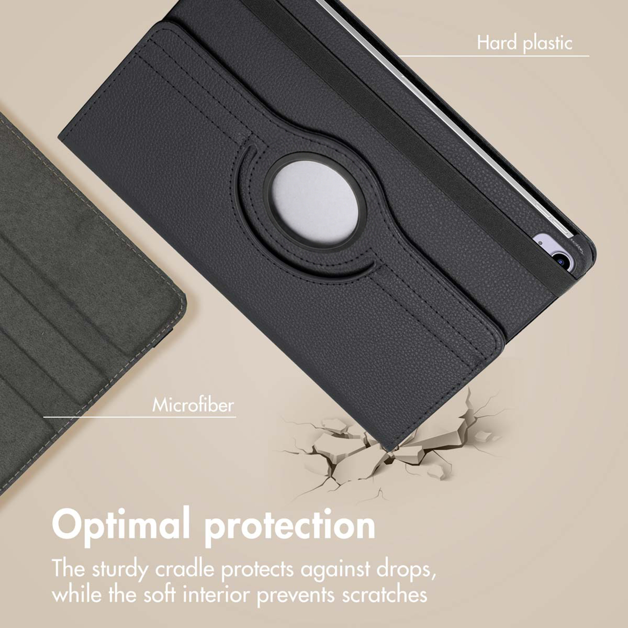 Un étui de tablette noir avec cadre en plastique dur et intérieur en microfibre, offrant une protection optimale.