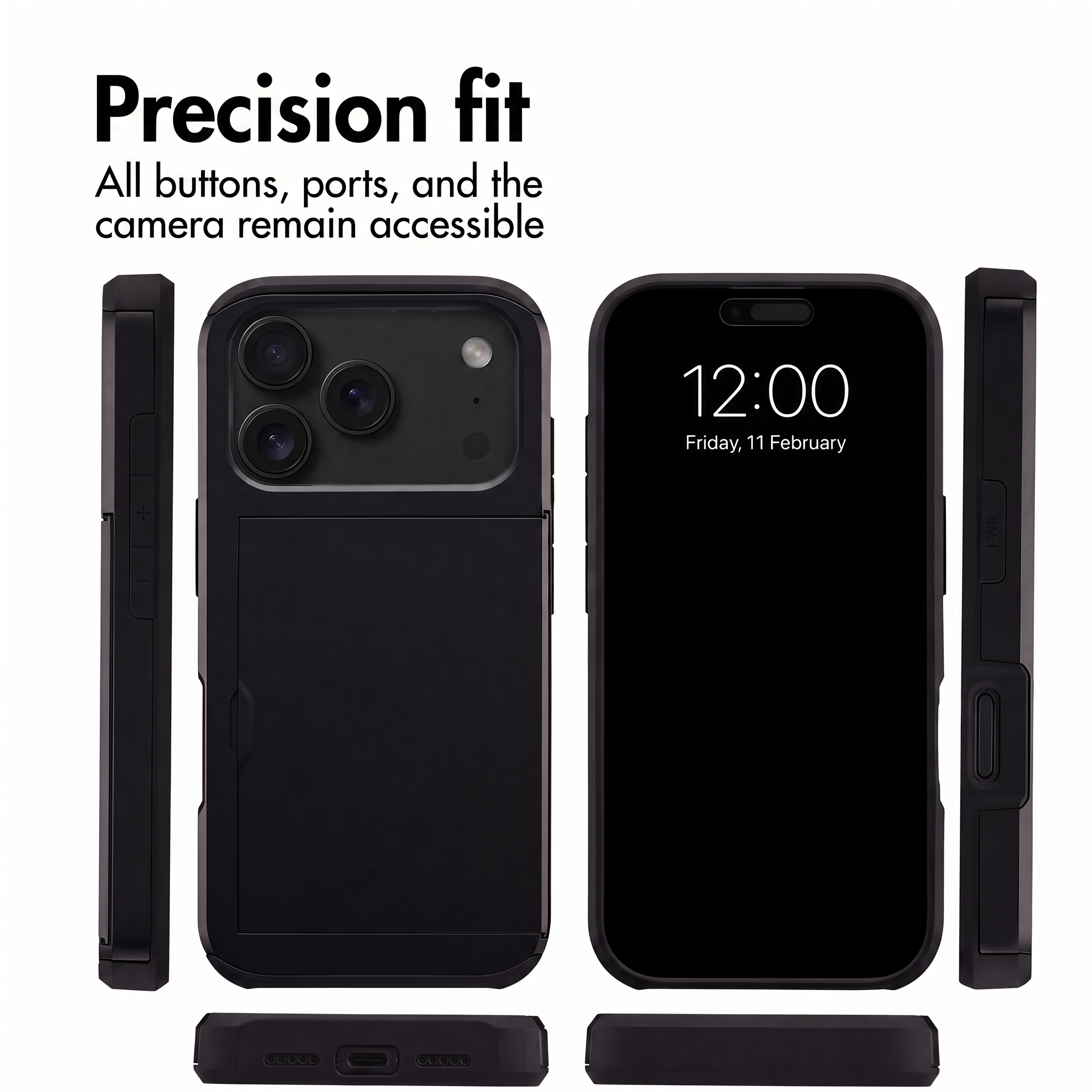 Vier Ansichten einer schwarzen Smartphone-Hülle mit Aussparungen für Tasten, Anschlüsse und Kamera.