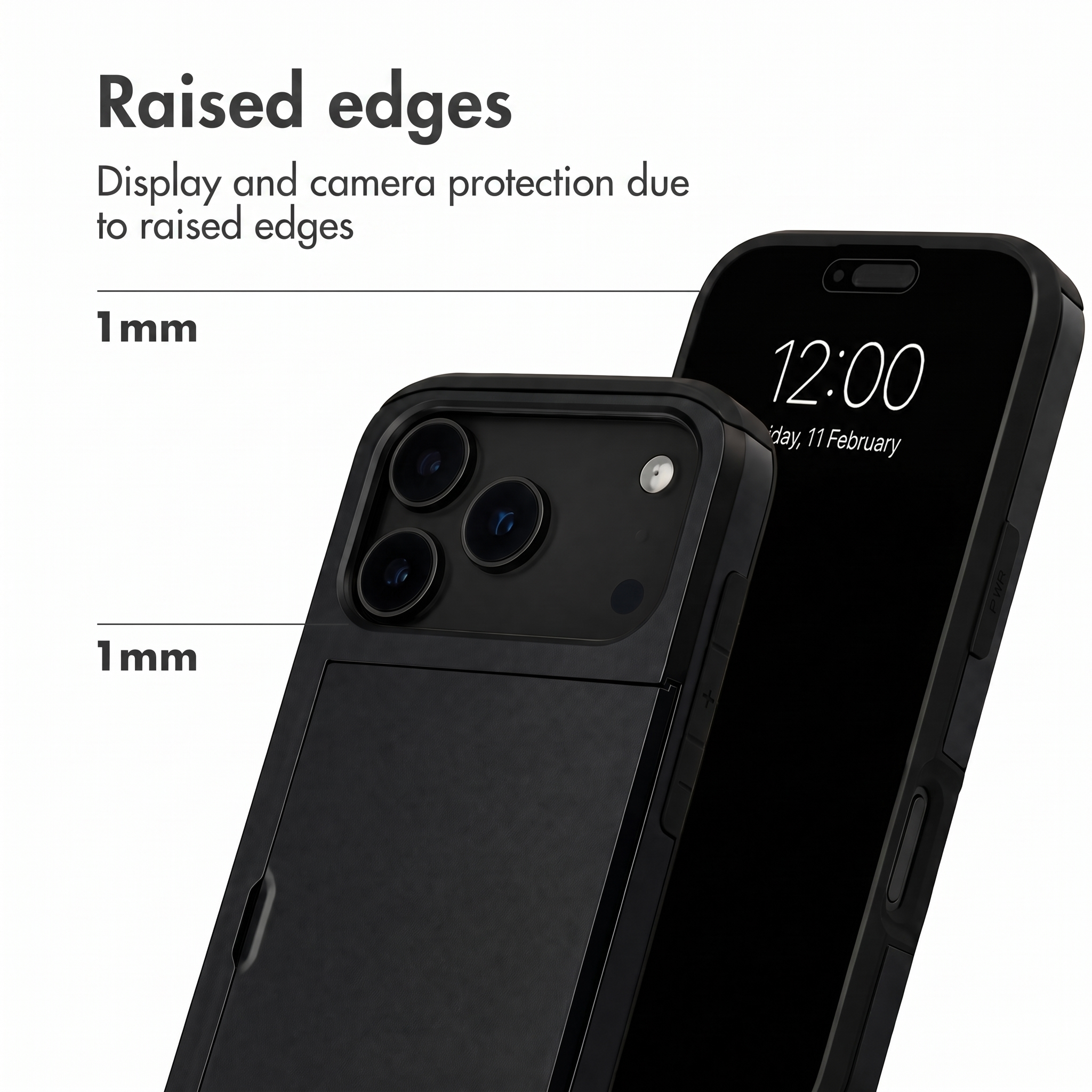Smartphone in einer schwarzen Schutzhülle zeigt 1mm erhöhte Kanten für Display- und Kameraschutz.