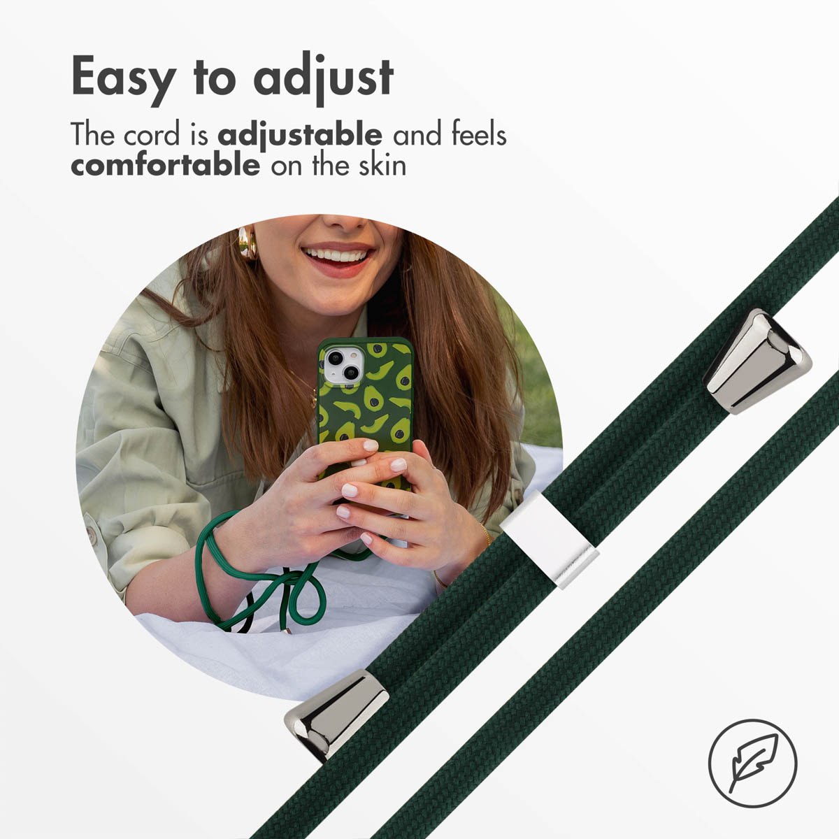 Verstellbare grüne Kordel mit silbernen Beschlägen und einer Frau mit Handyhülle.
