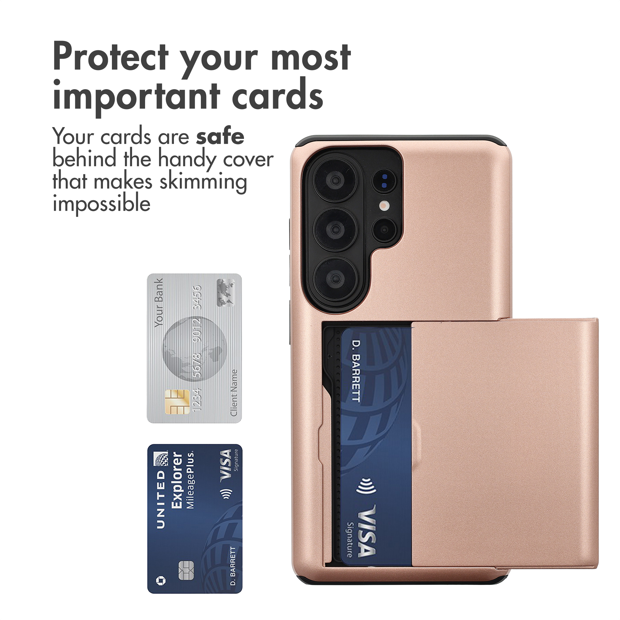 Fundas de móvil de oro rosa con tarjetero deslizante que muestra una tarjeta Visa y dos tarjetas adicionales.