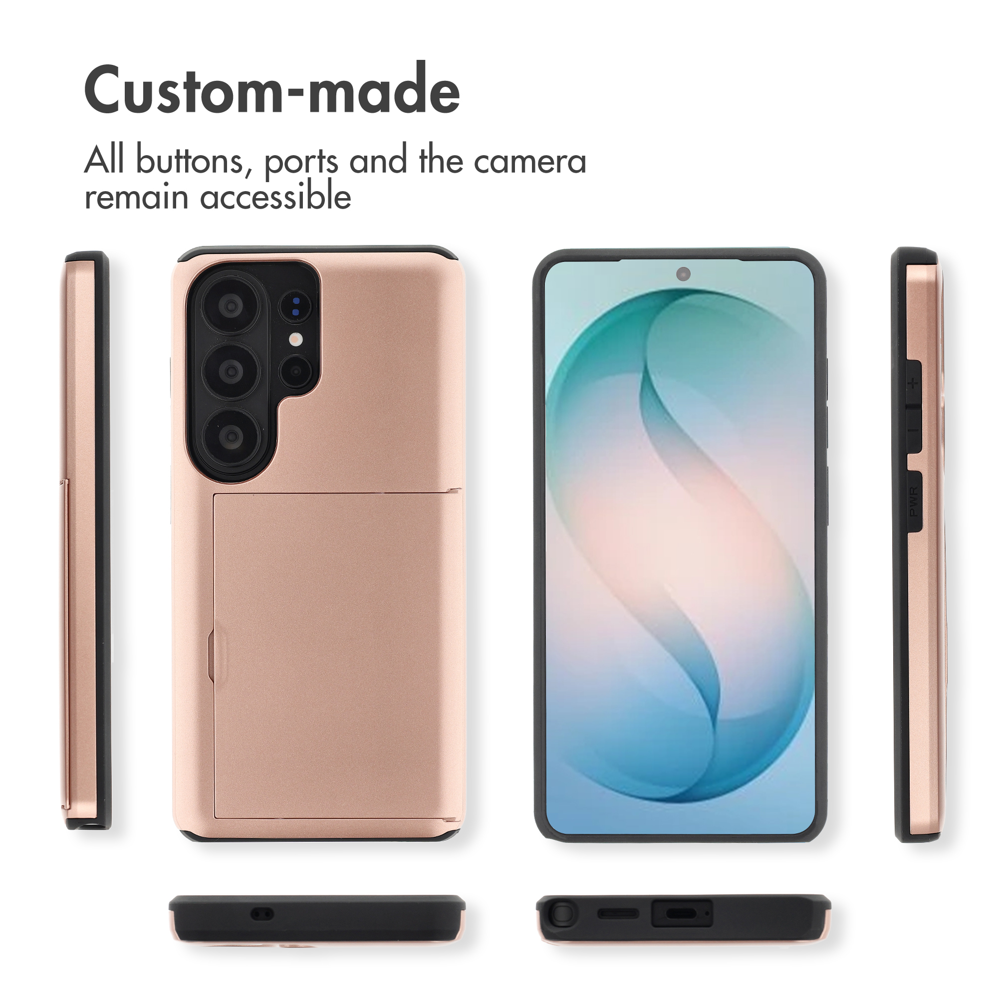 Funda de smartphone de oro rosa vista desde varios ángulos, con botones, puertos, cámara y ranura para tarjetas.