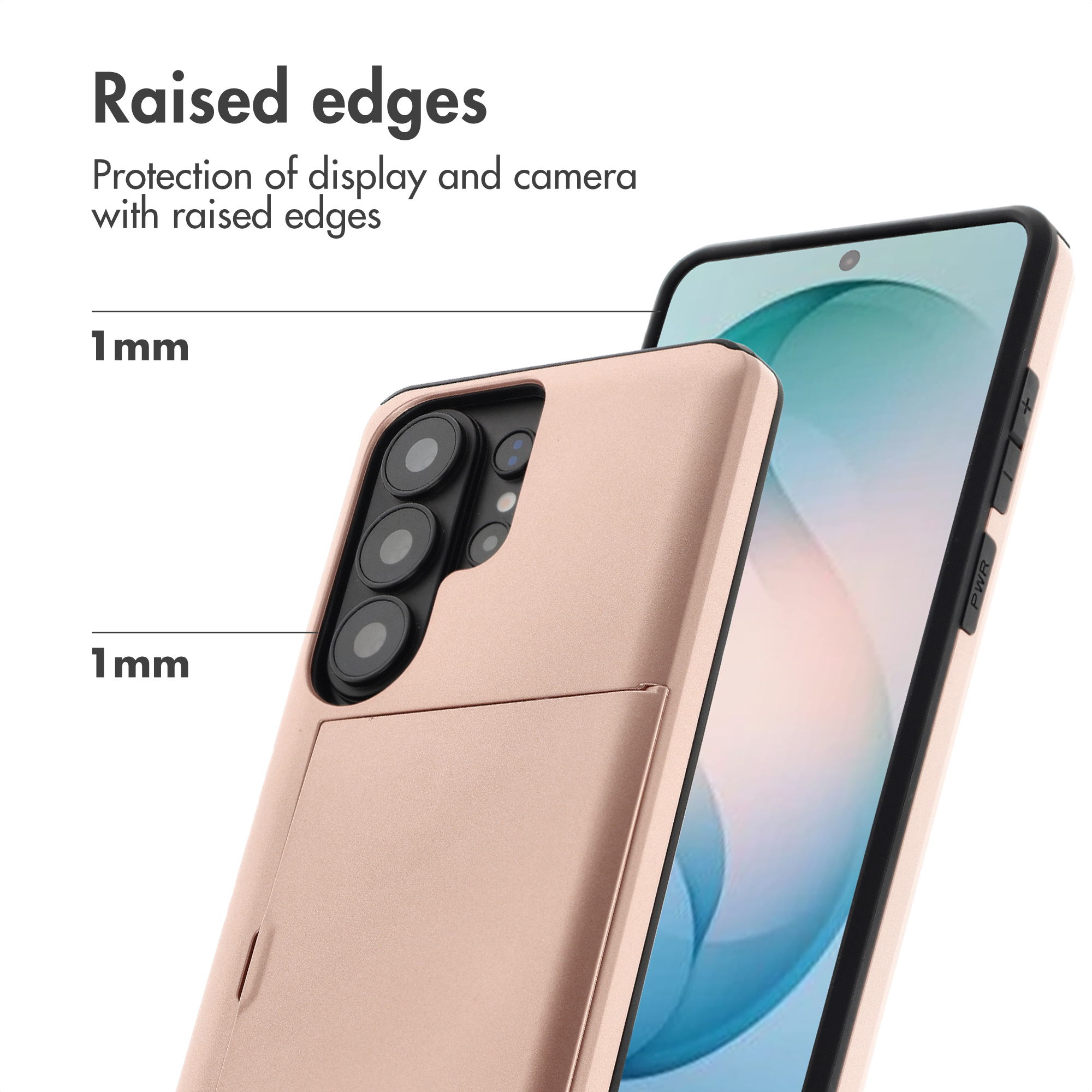 Un teléfono en funda oro rosa muestra bordes elevados que protegen pantalla y cámara, con texto explicativo.
