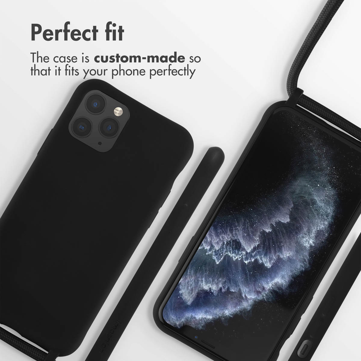 Une coque de téléphone noire avec lanière, vue de face et de dos sur fond blanc avec texte.