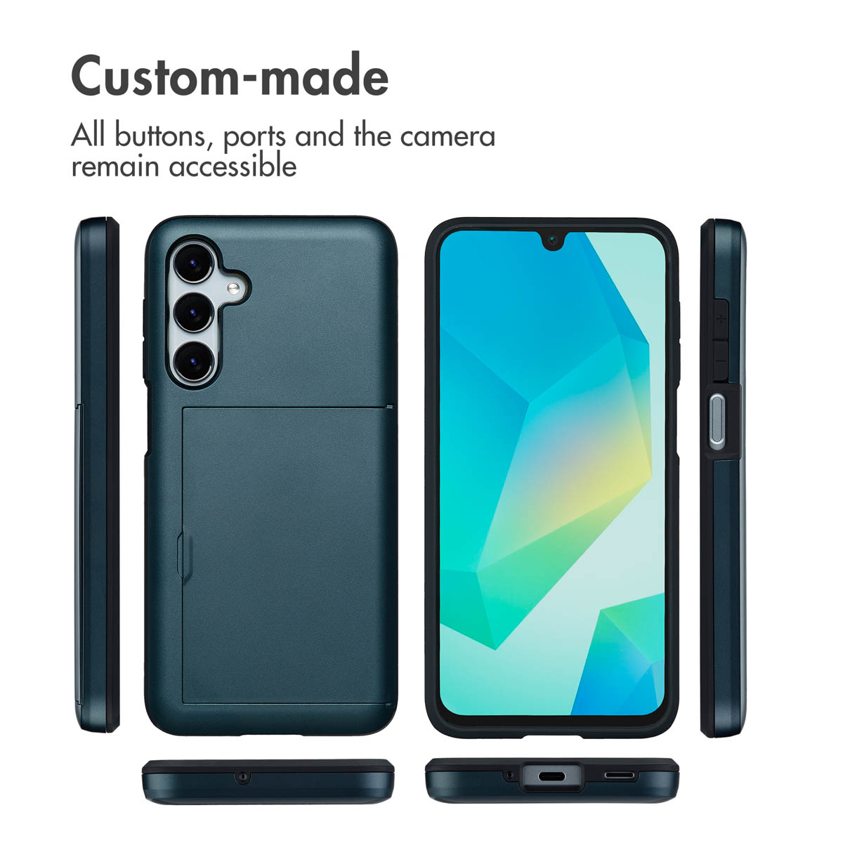 Verschiedene Ansichten einer dunkelblauen Smartphone-Hülle mit Kartenfach und freiliegenden Anschlüssen.