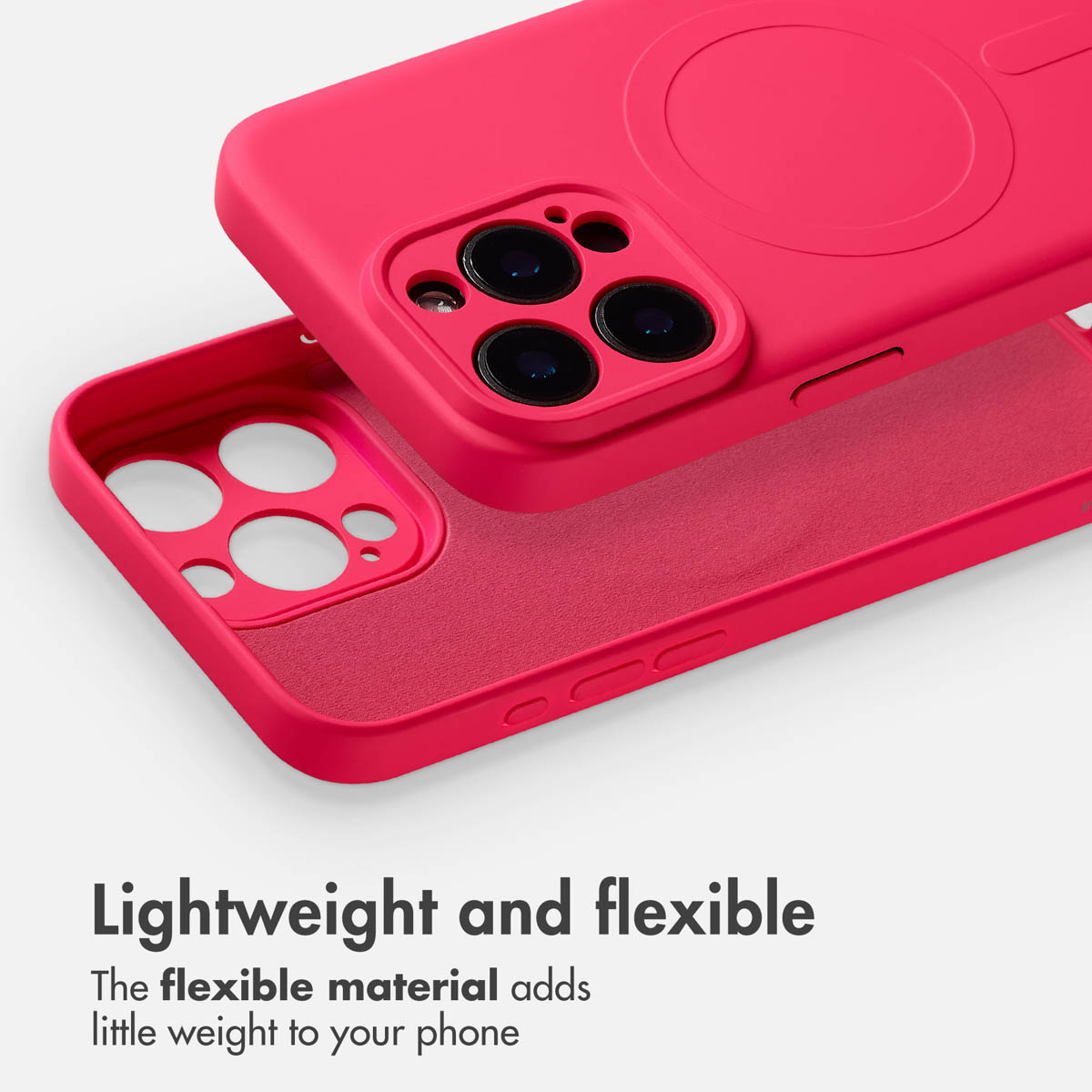 Se muestran dos fundas de móvil rosa brillante, destacando el material flexible y los recortes para la cámara.