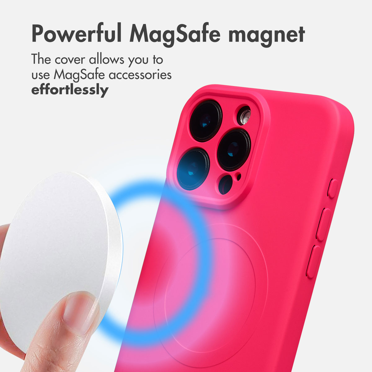 Fundador de móvil rosa con función MagSafe y cargador blanco.