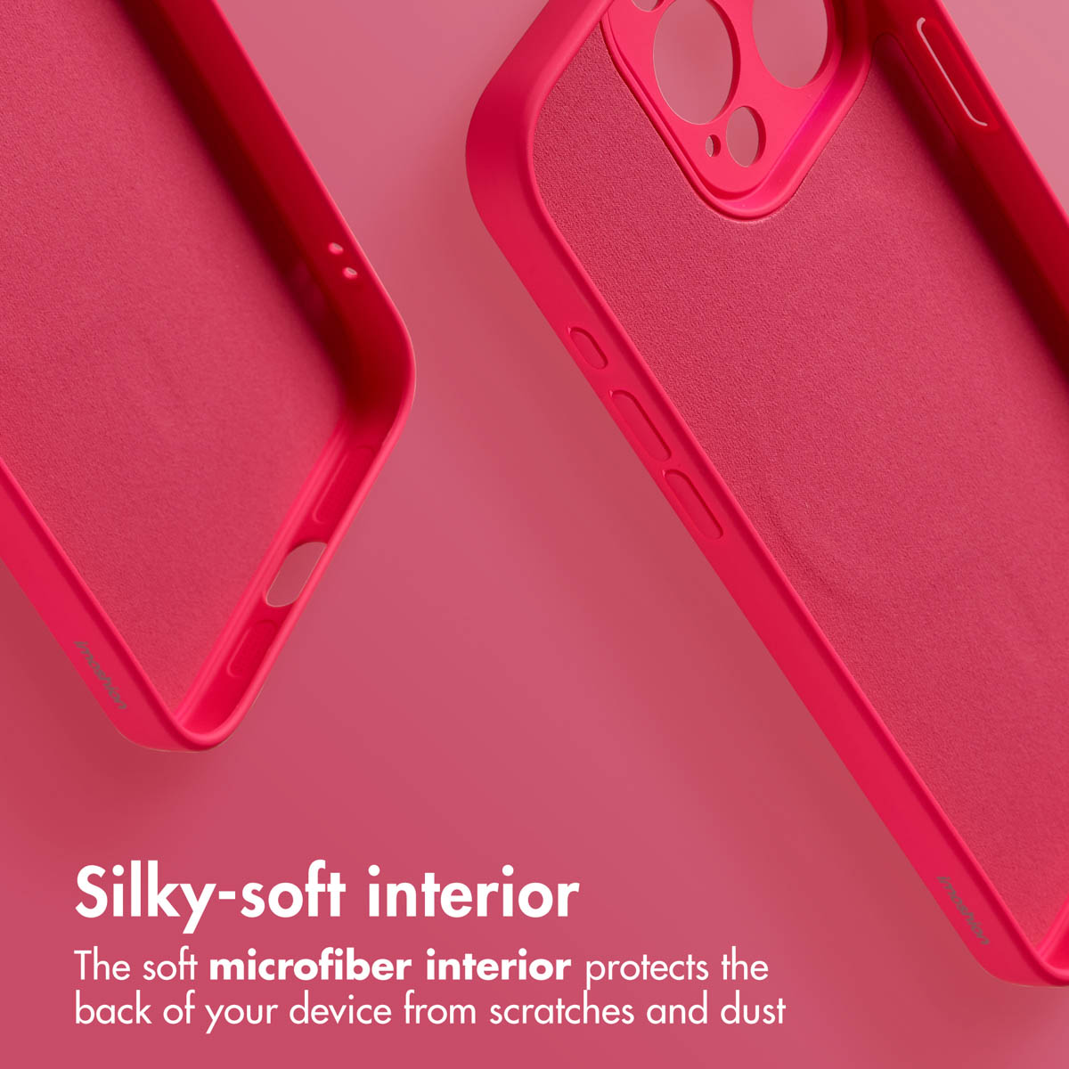 Dos fundas de teléfono rosas con forro de microfibra suave sobre fondo rosa.