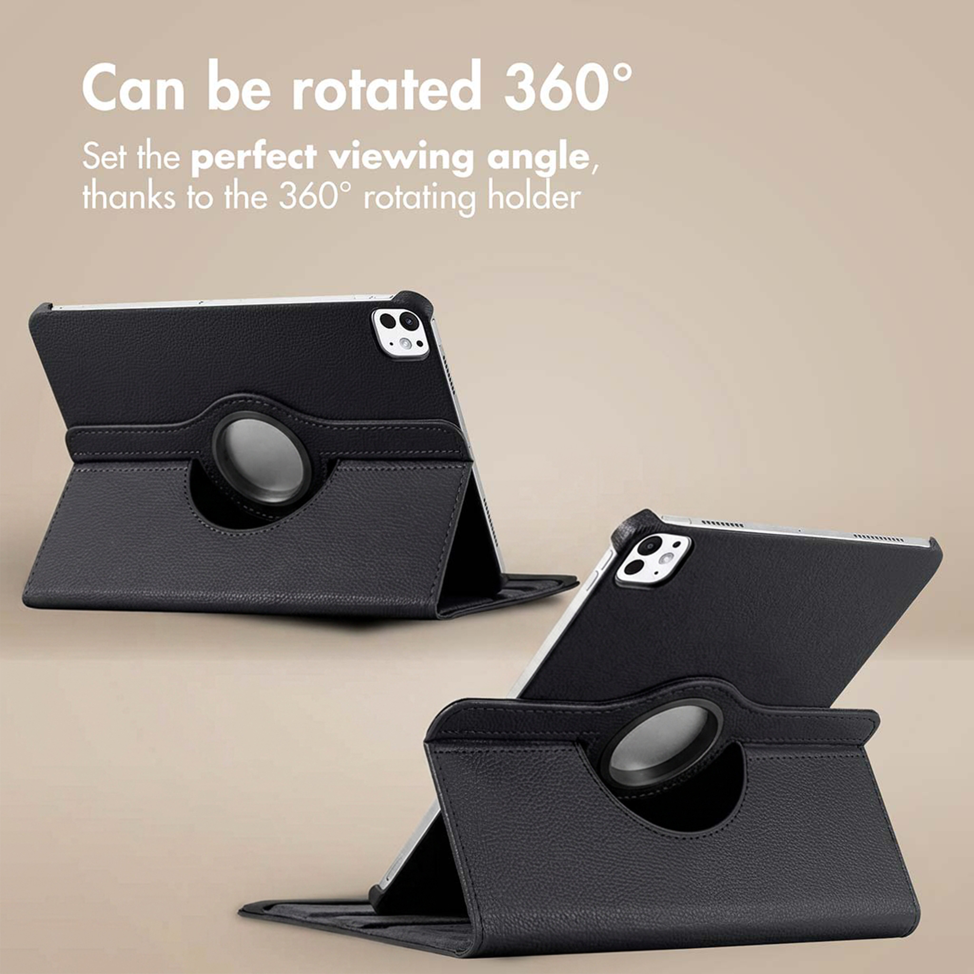 Two black tablet cases with 360-degree rotation and integrated stand against a neutral background.