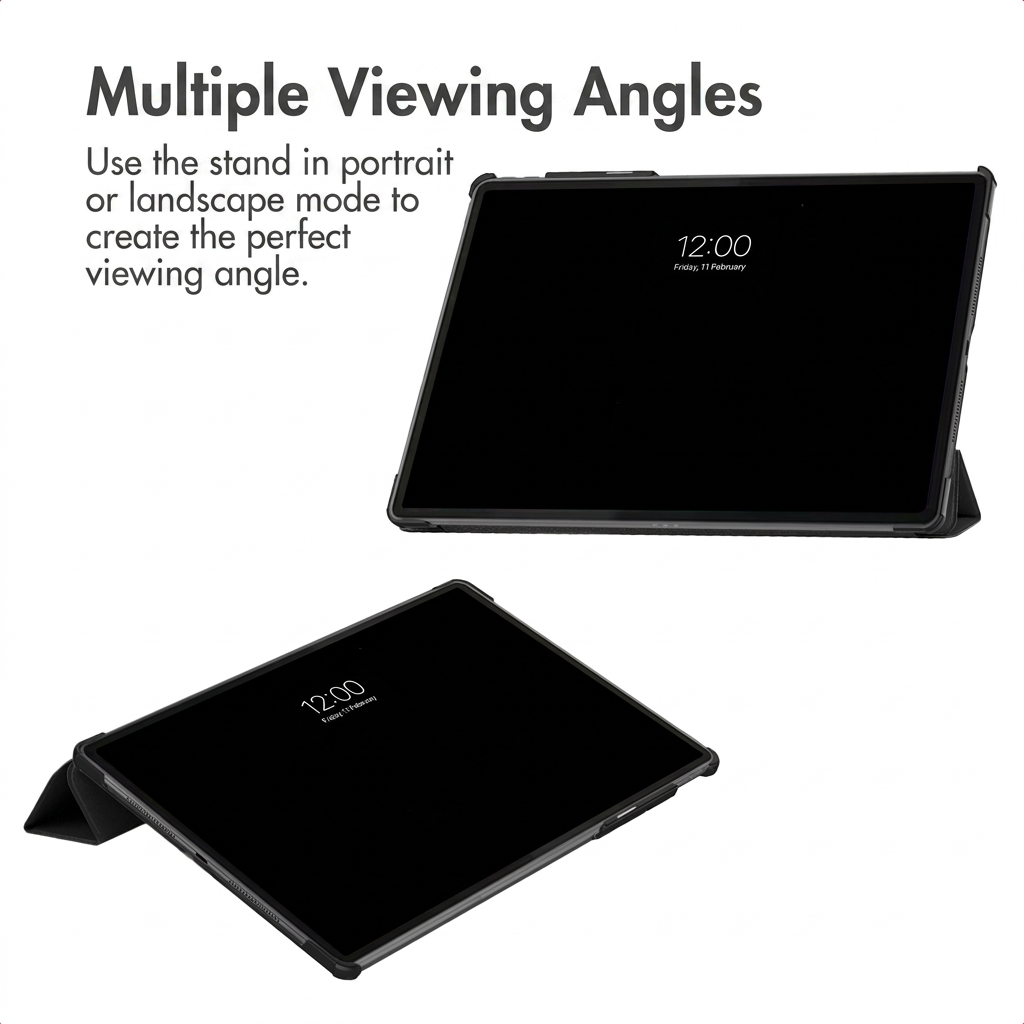 Twee zwarte tablets in zwarte standaards tonen 12:00 uur, met tekst Multiple Viewing Angles op een witte achtergrond.