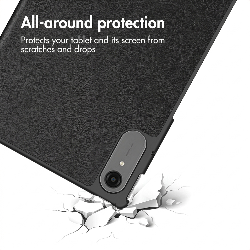 Zwarte beschermende tablet hoes met tekst "All-around protection" en cameraopening.