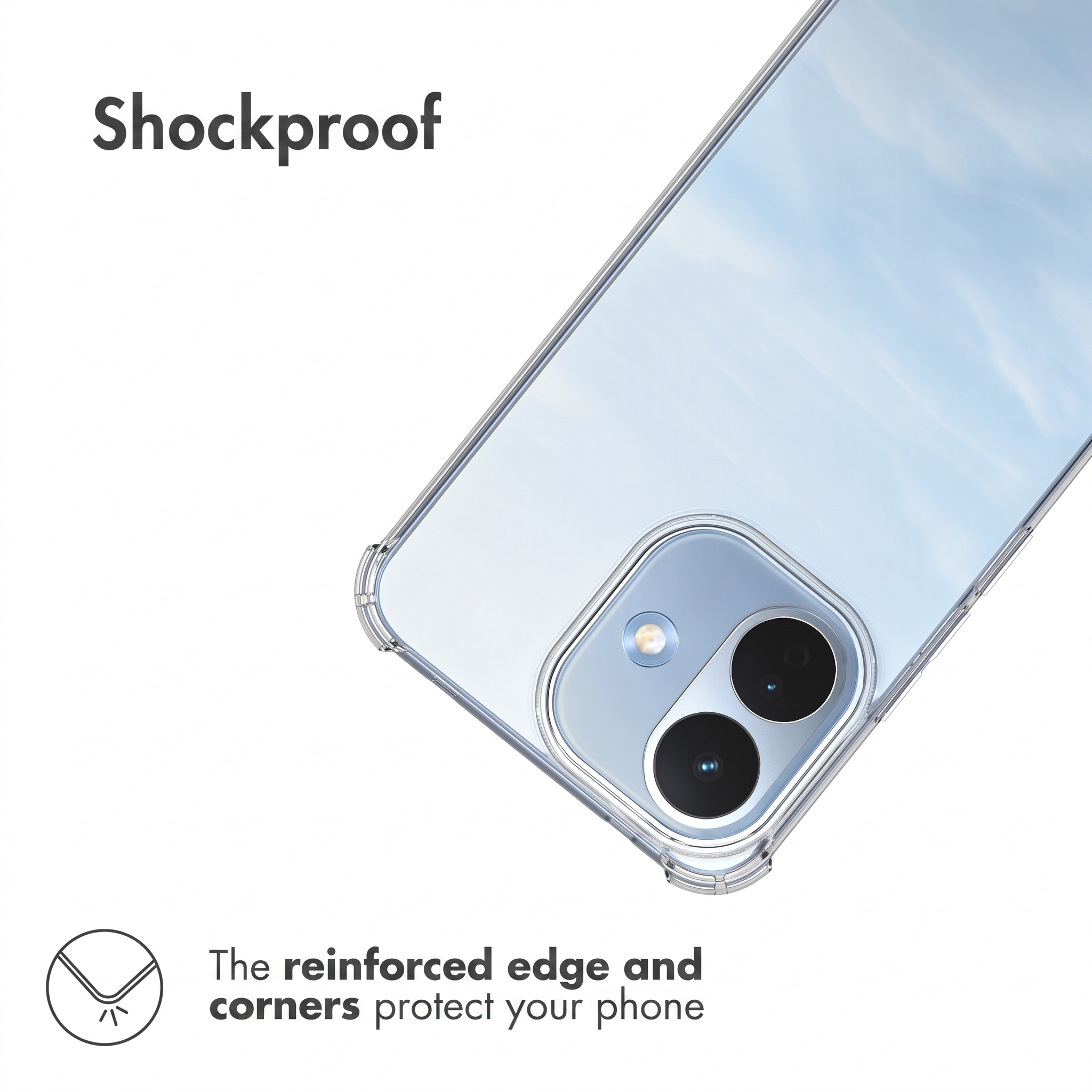Una funda protectora transparente en un teléfono azul con esquinas reforzadas y texto Shockproof.
